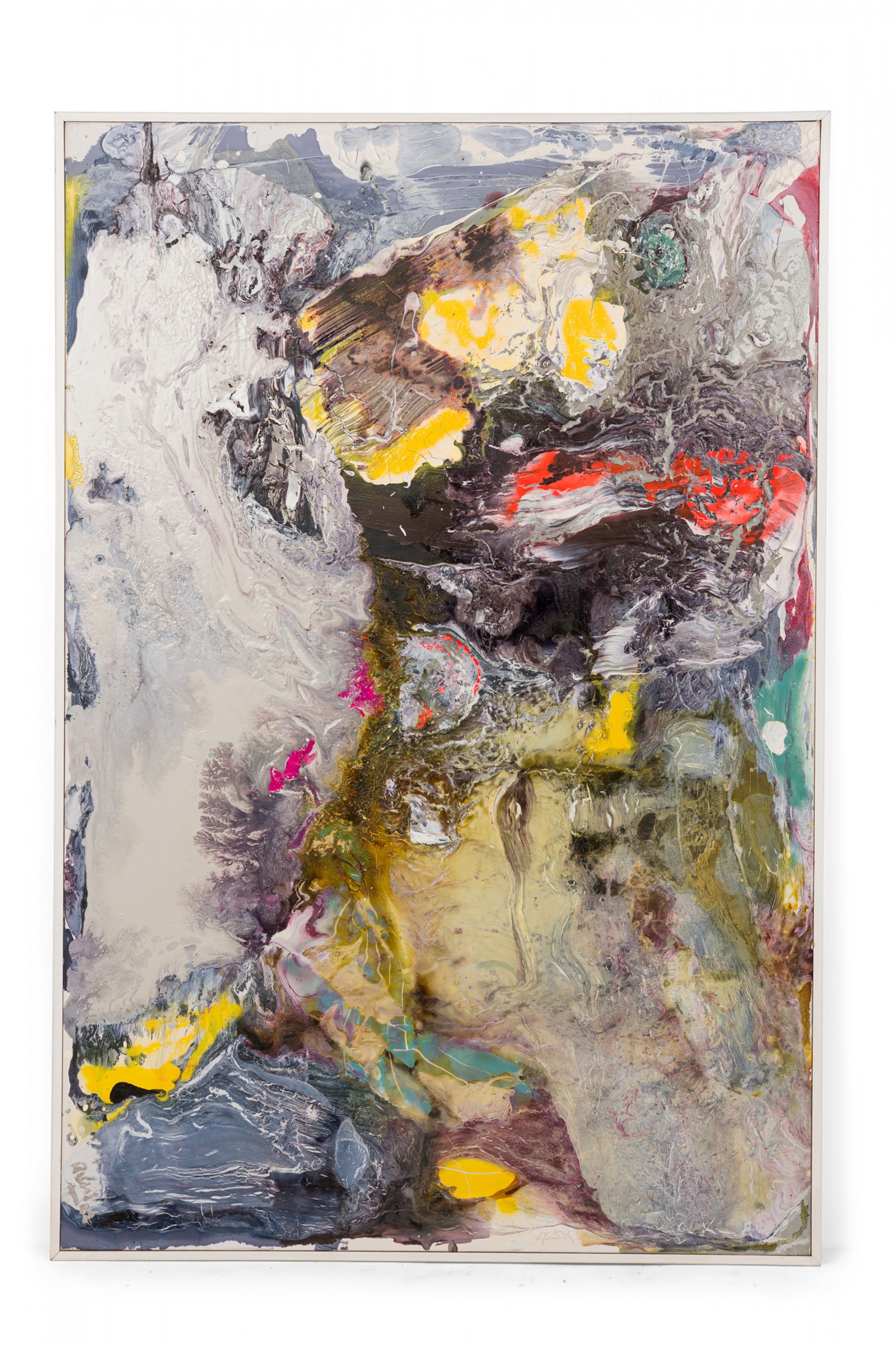 Contemporary gray red and yellow abstract oil painting on stretched canvas