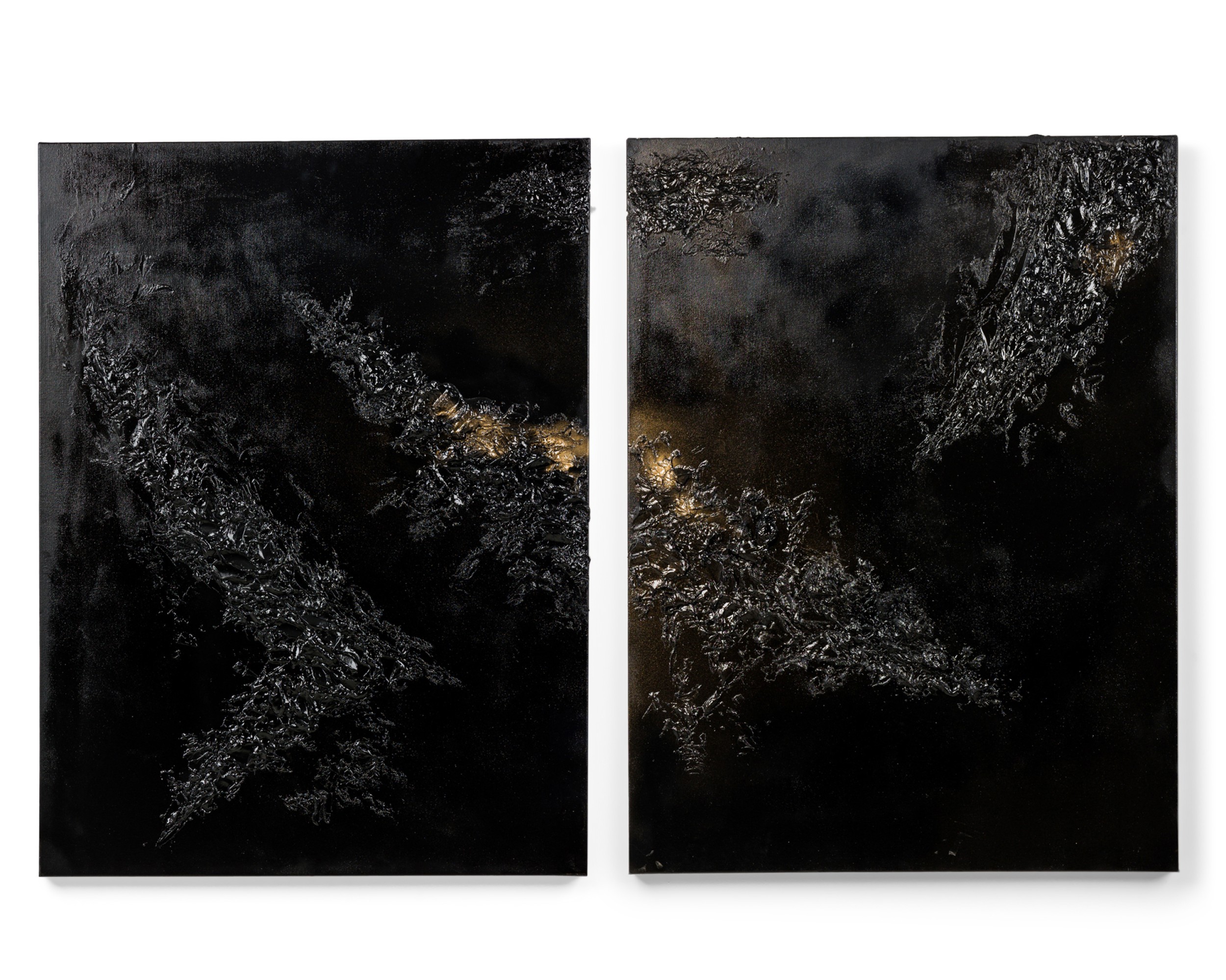 Diptych of contemporary american abstract mixed media black and gold textural paintings on canvas