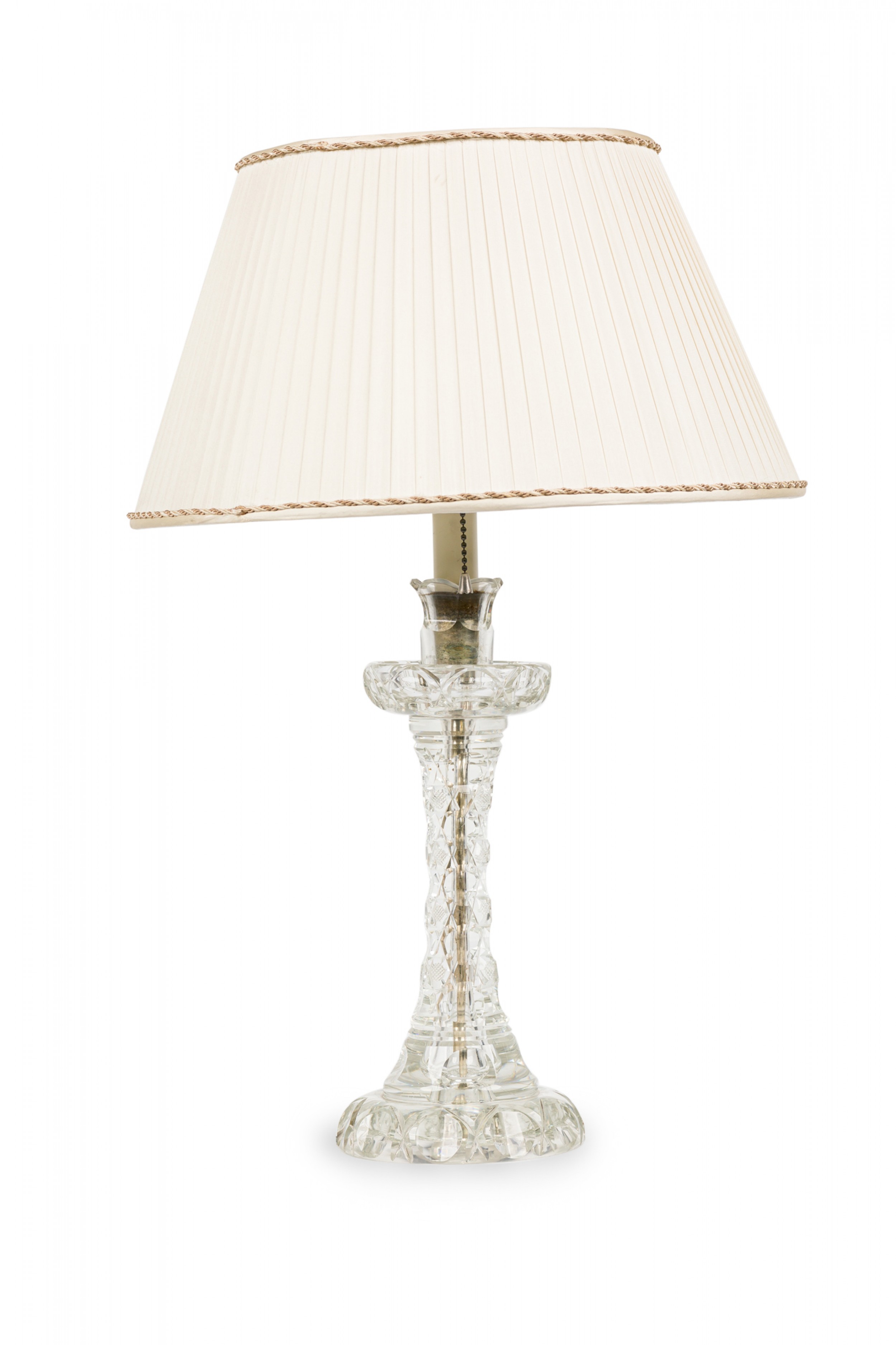 English victorian cut crystal glass table lamp in a geometric design with pleated shade