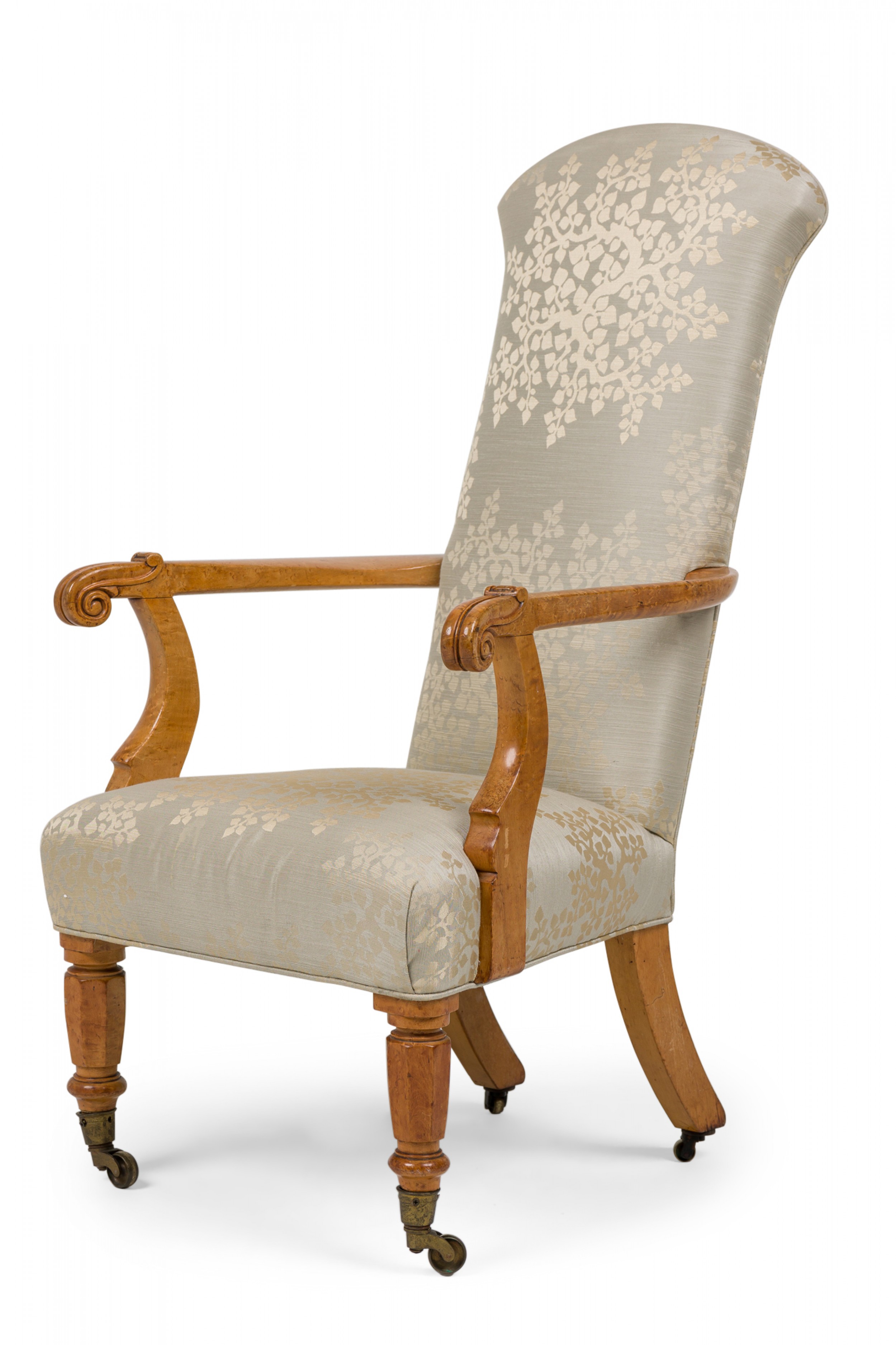 French victorian carved birds eye maple armchair with taupe floral damask upholstery