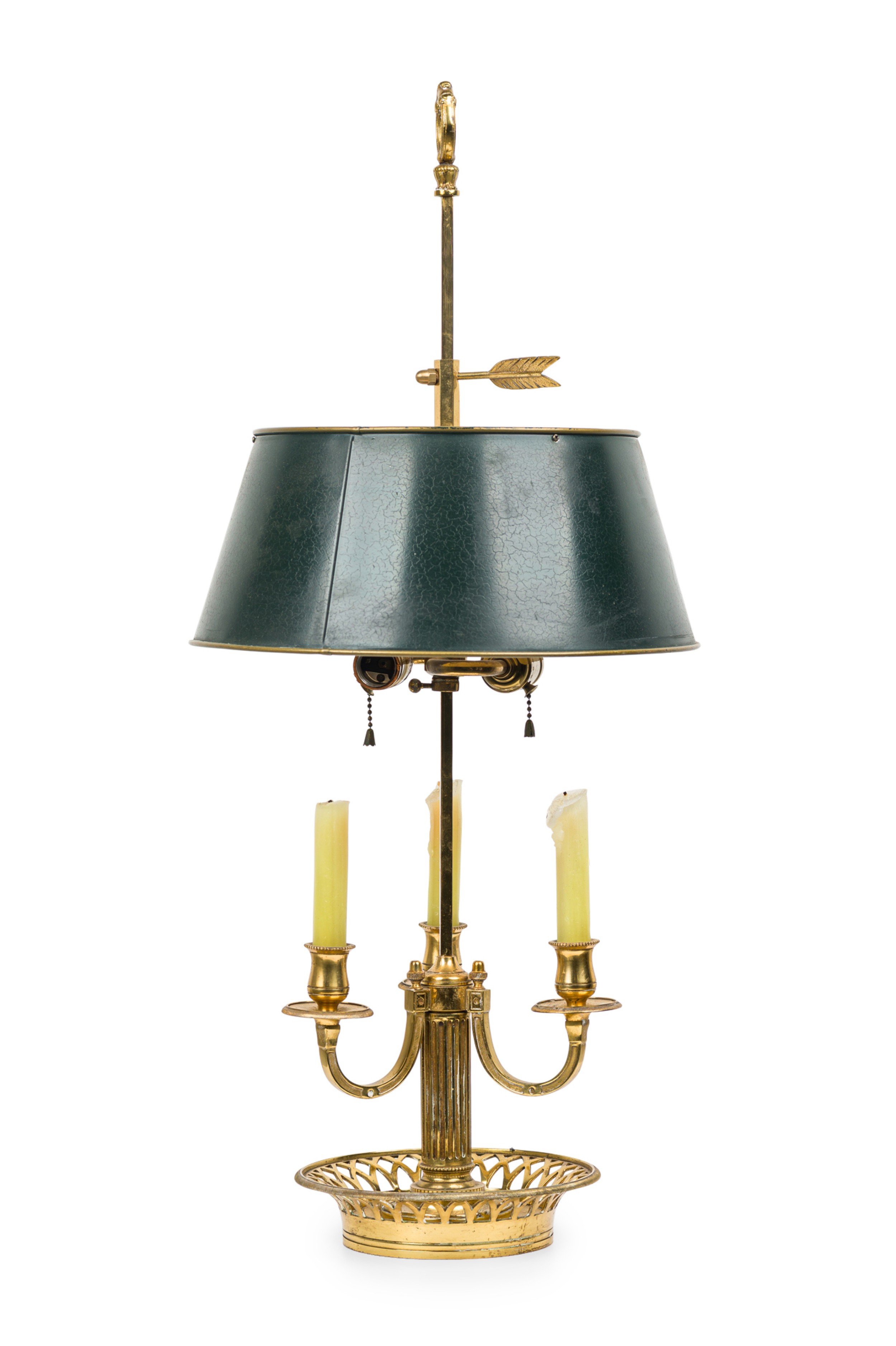 French victorian style brass bouilotte table lamp with dark green metal shade
