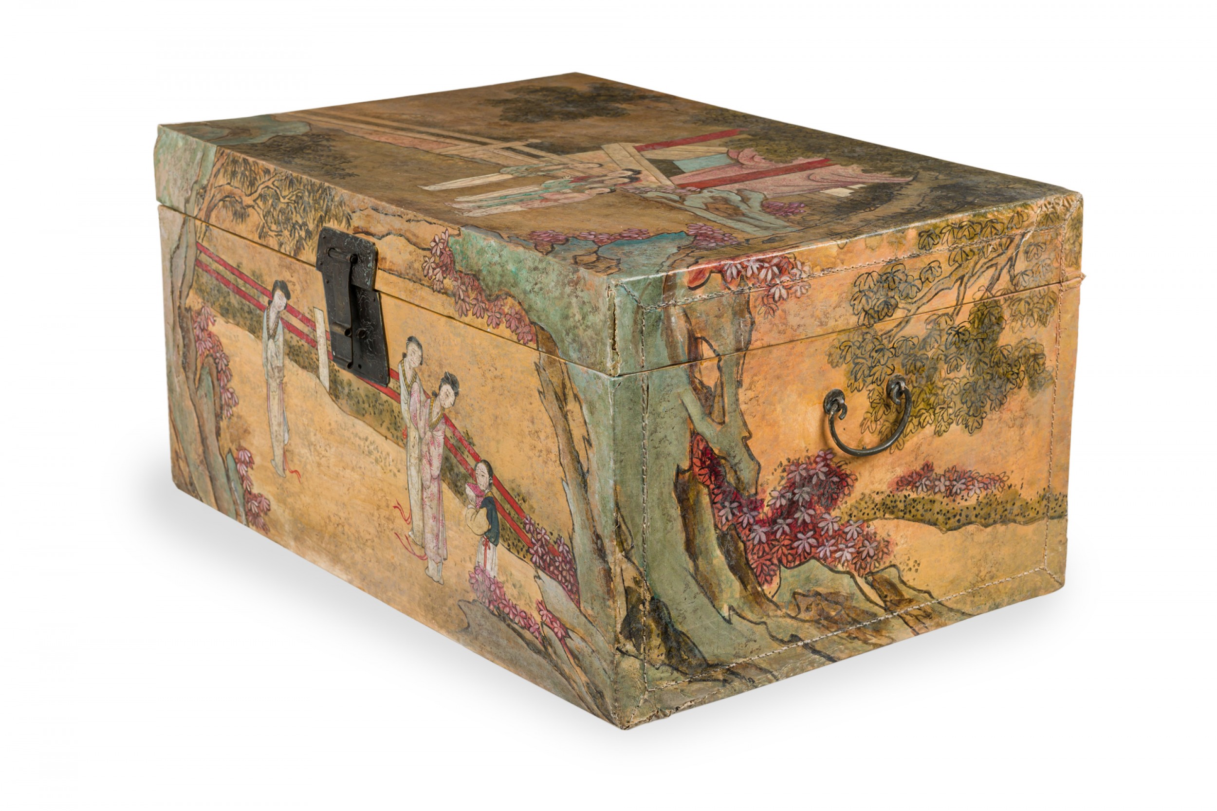 Chinese mid century wooden lacquered rectangular chest with hand painted figural scenes