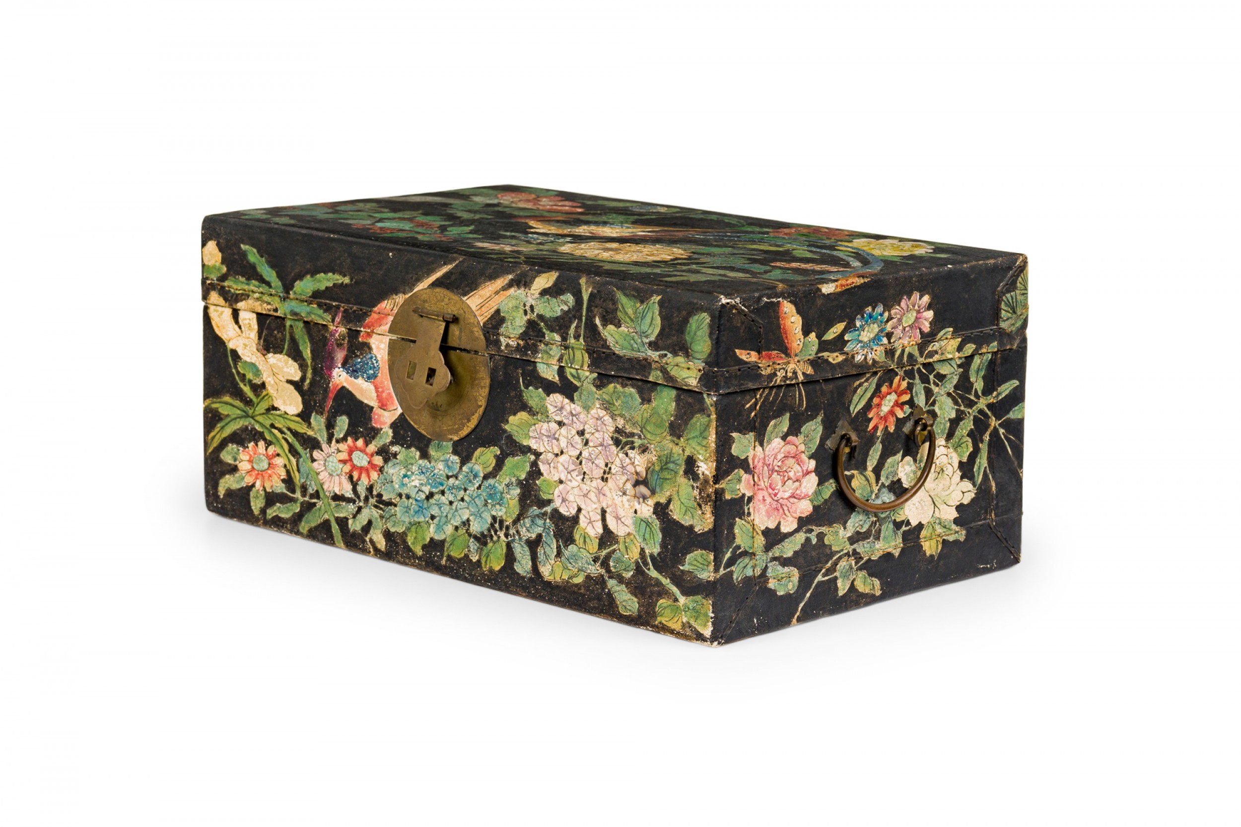 Chinese mid century wooden small rectangular chest with hand painted exotic birds