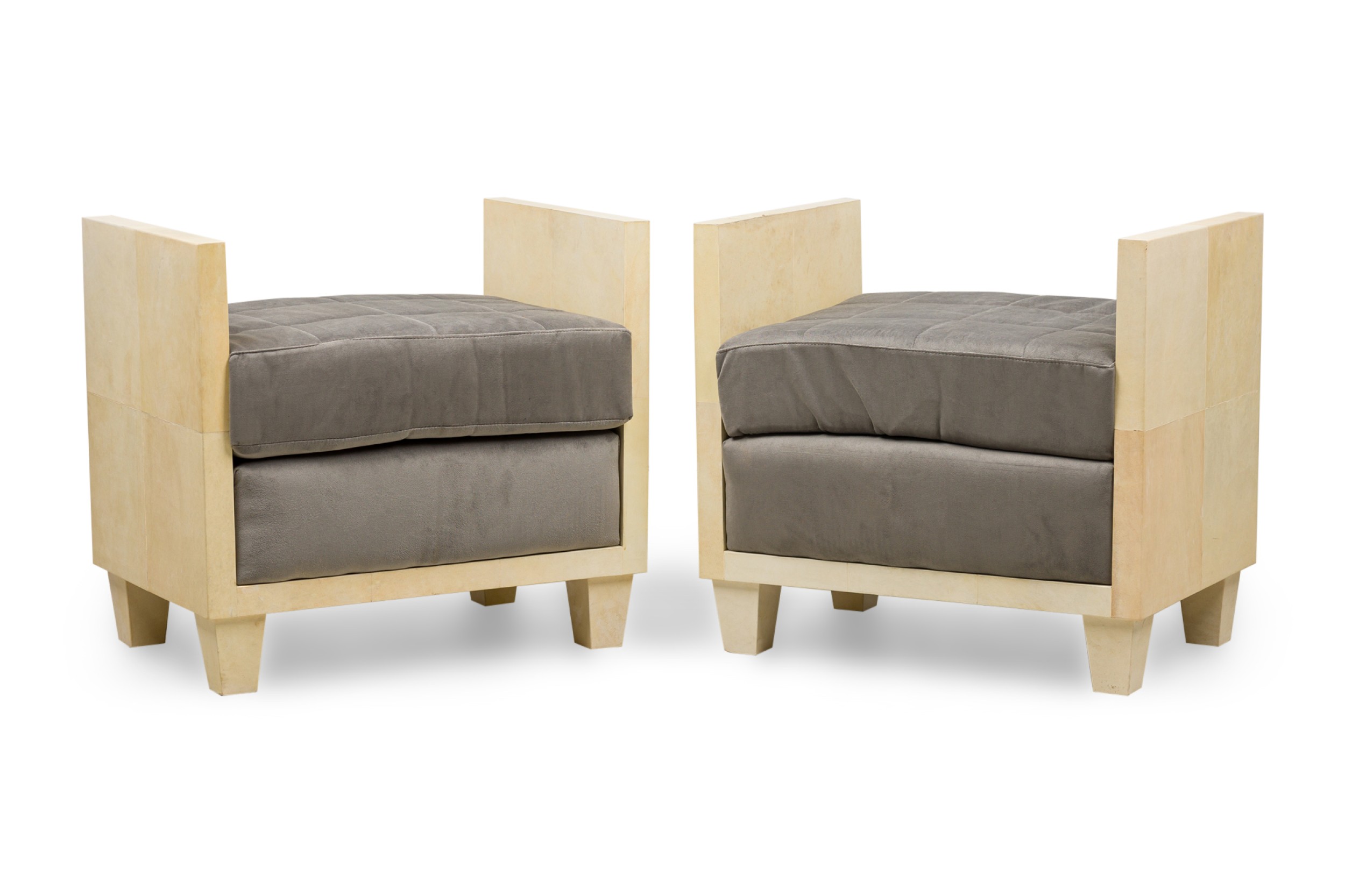 Pair of mid century american parchment covered benches in the manner of samuel marx