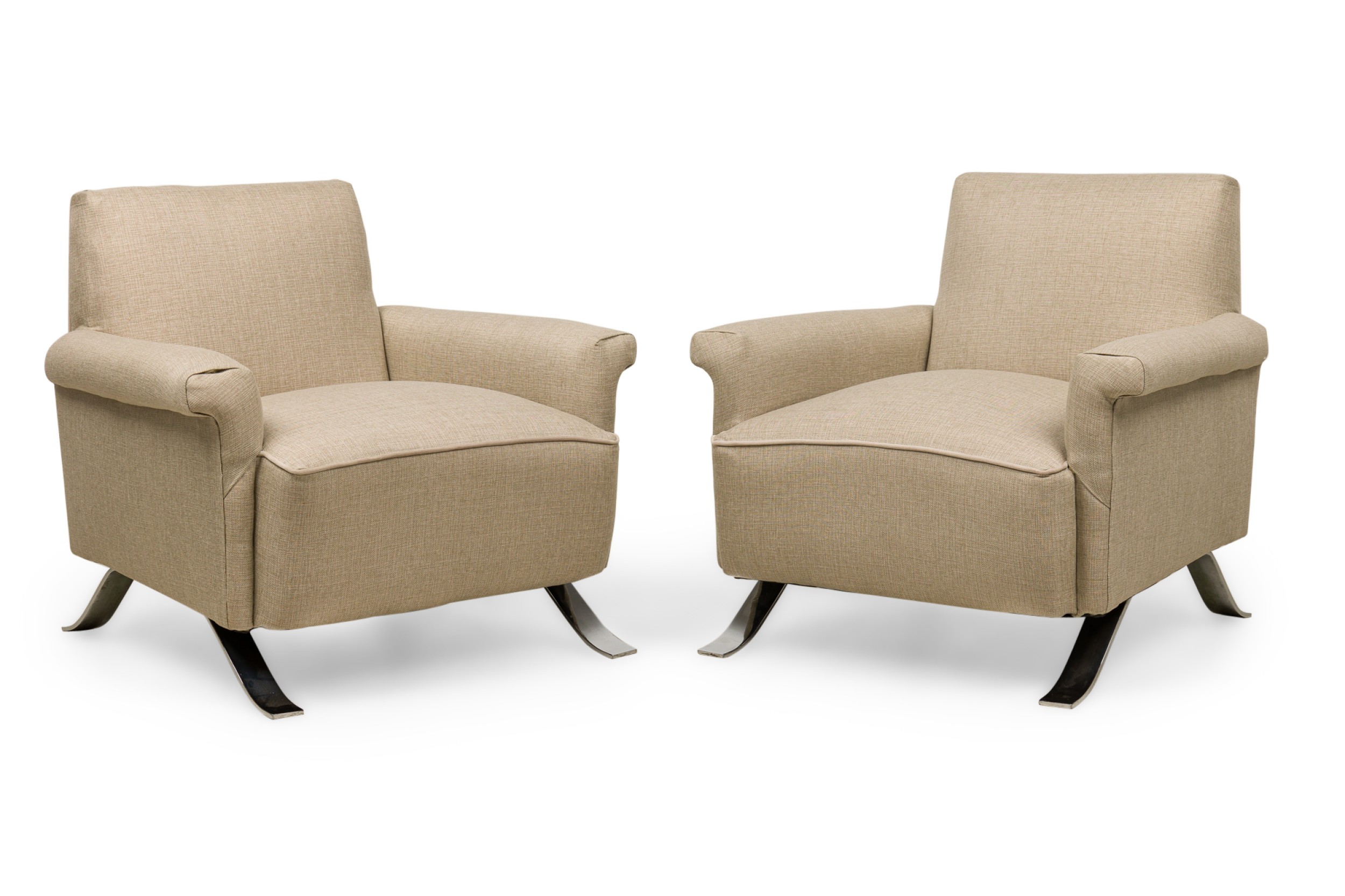 Pair of mid century american chrome lounge armchairs in a weave upholostery