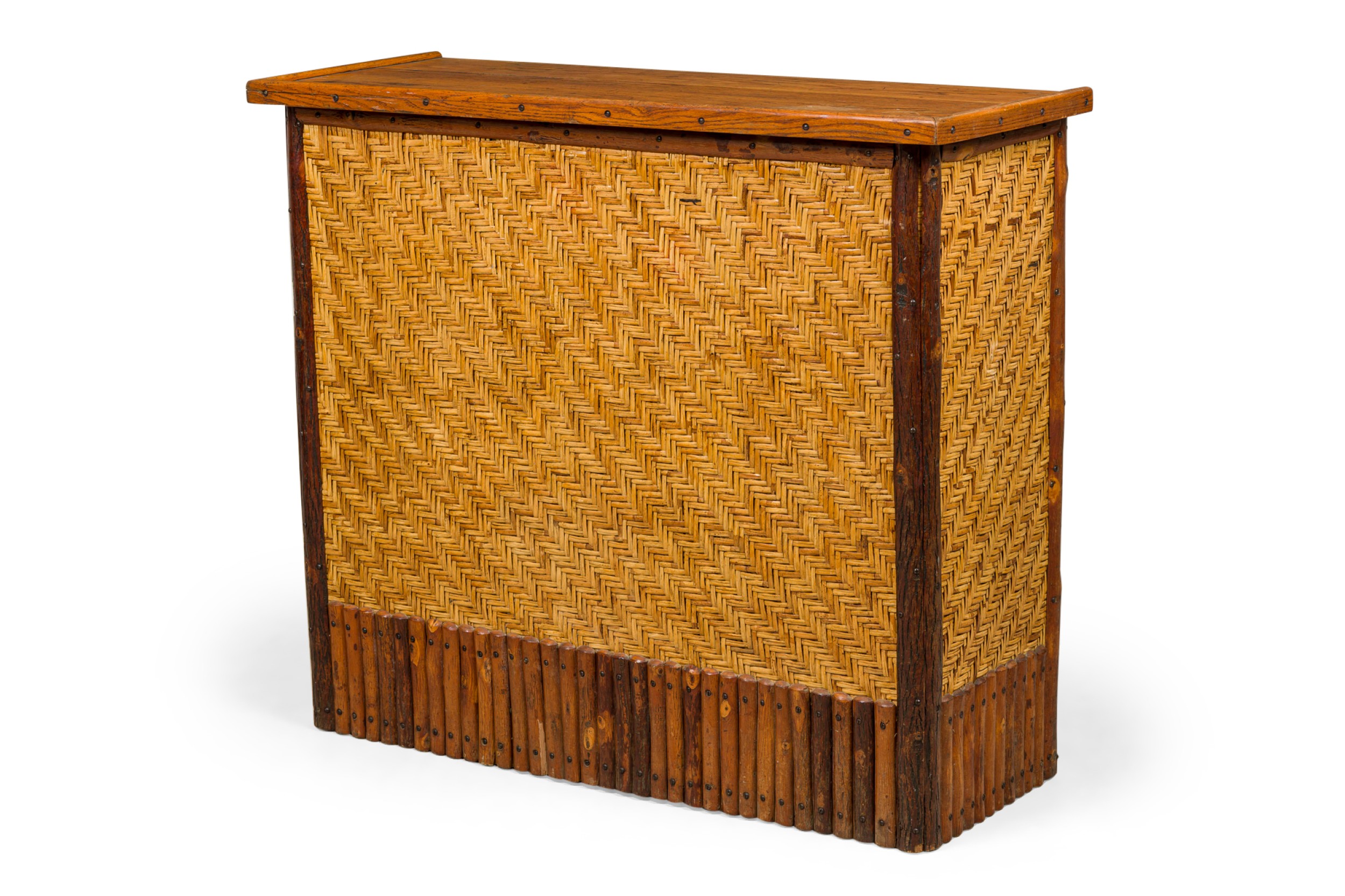 Rustic old hickory style log and woven rattan bar