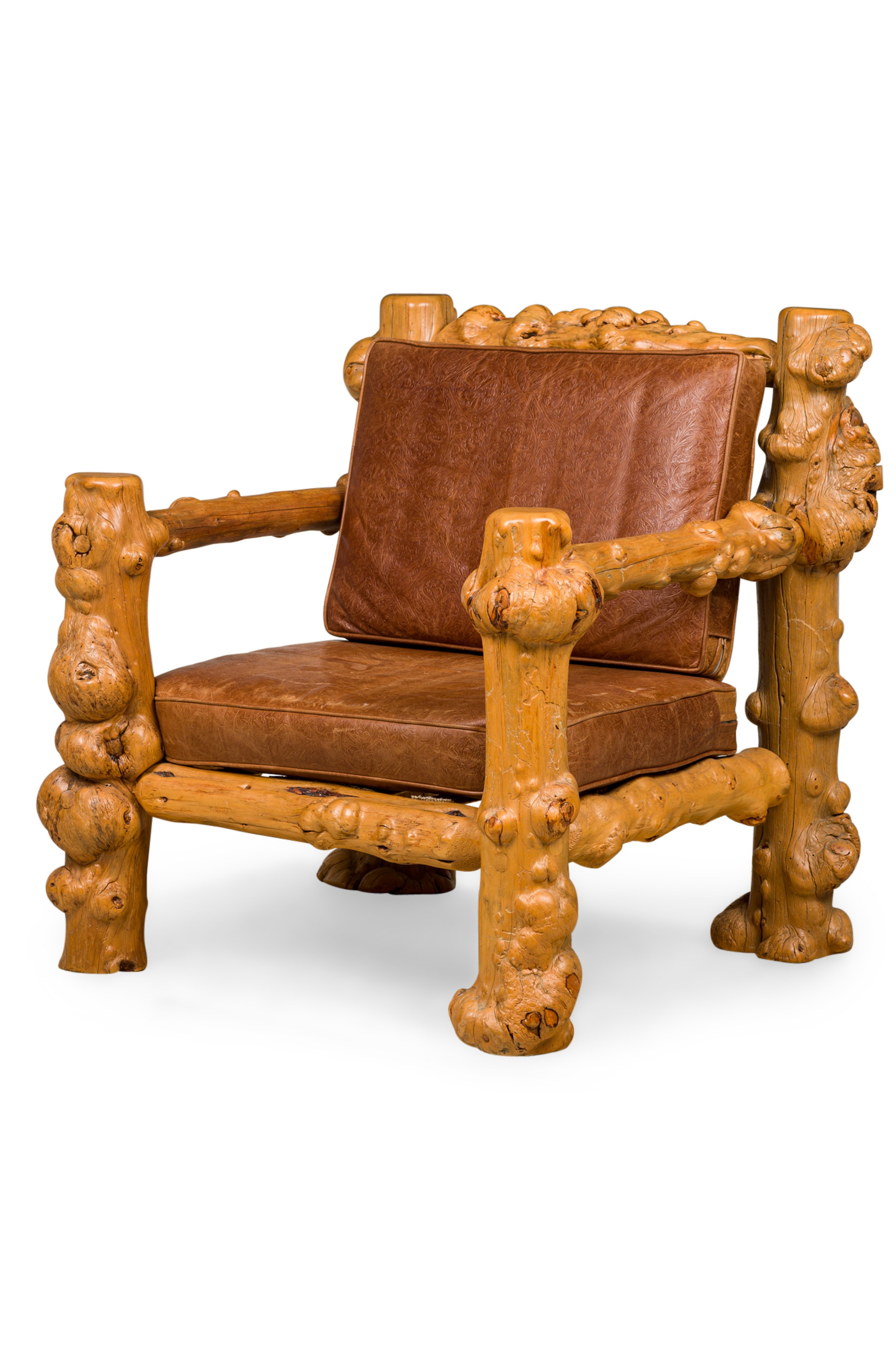Rustic blond root wood and embossed leather throne armchair