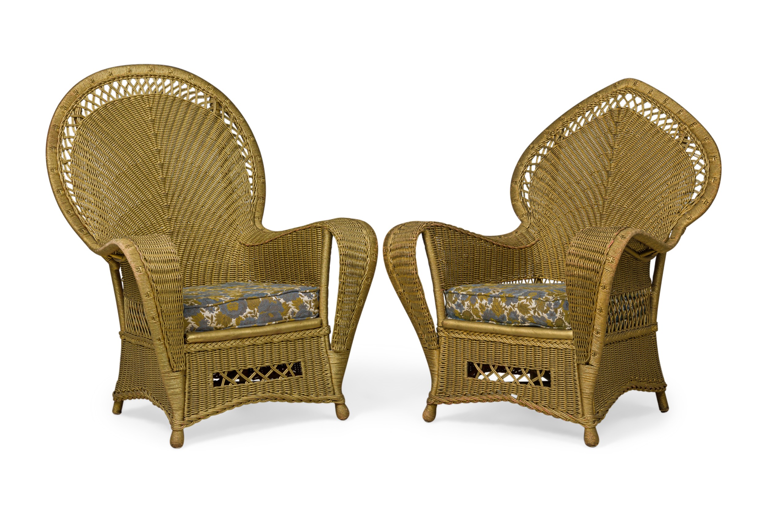 Pair of similar Art deco gold painted paper cord wicker armchairs