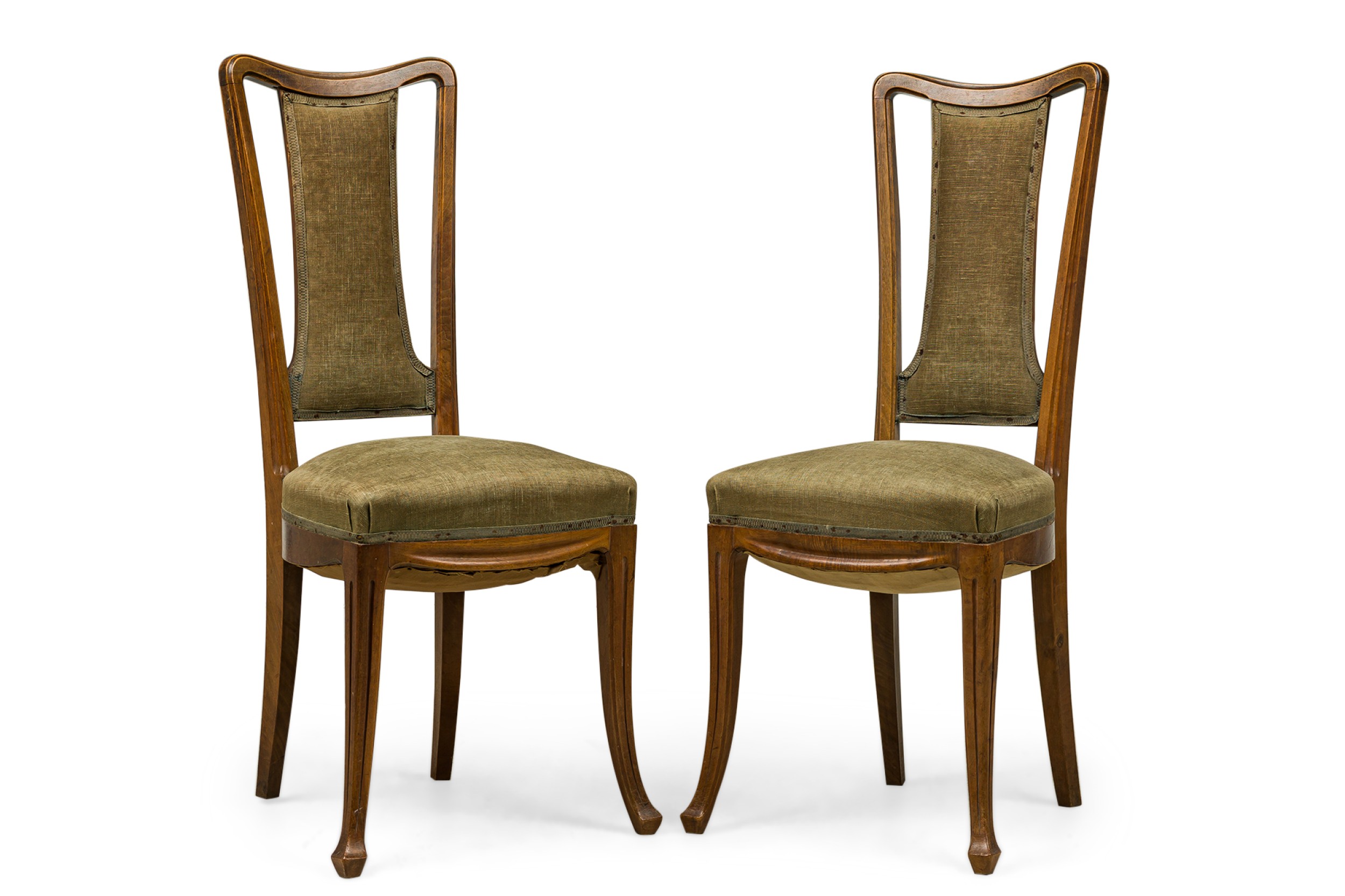 Set of 8 louis majorelle french art nouveau carved walnut and sage green muslin side chairs