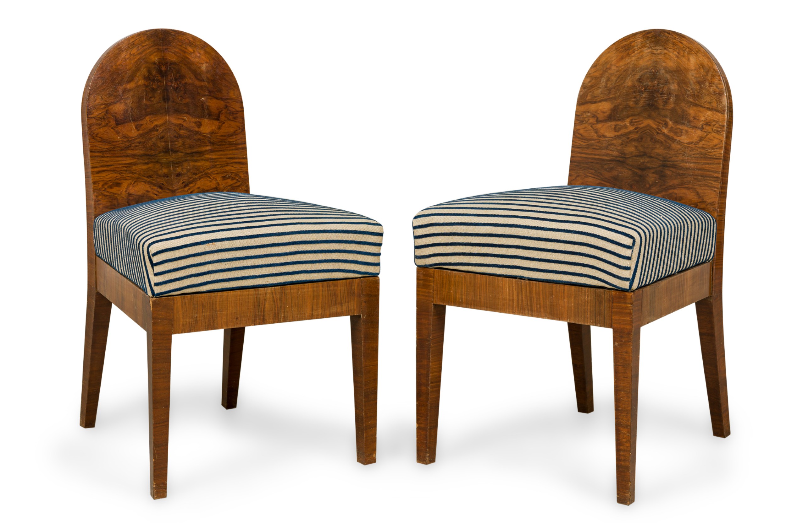 Set of 4 austrian biedermeier style burl wood spoon back stripe upholstered side chairs