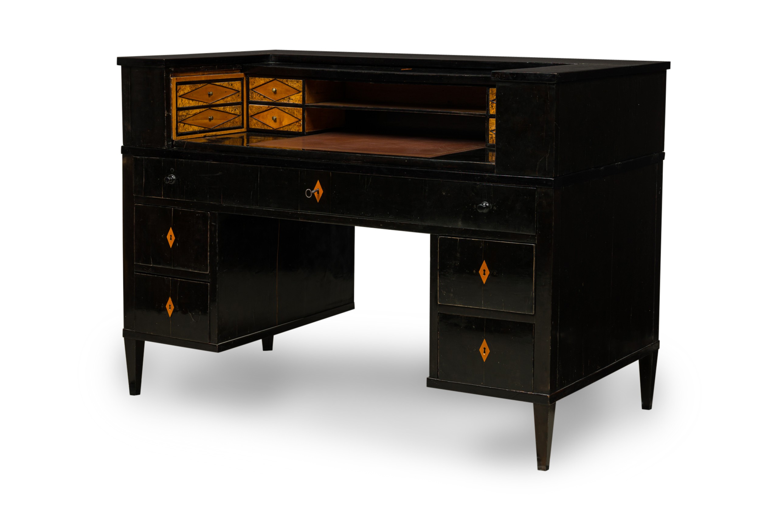 Art deco ebonized pearwood two tier tambour top writing desk