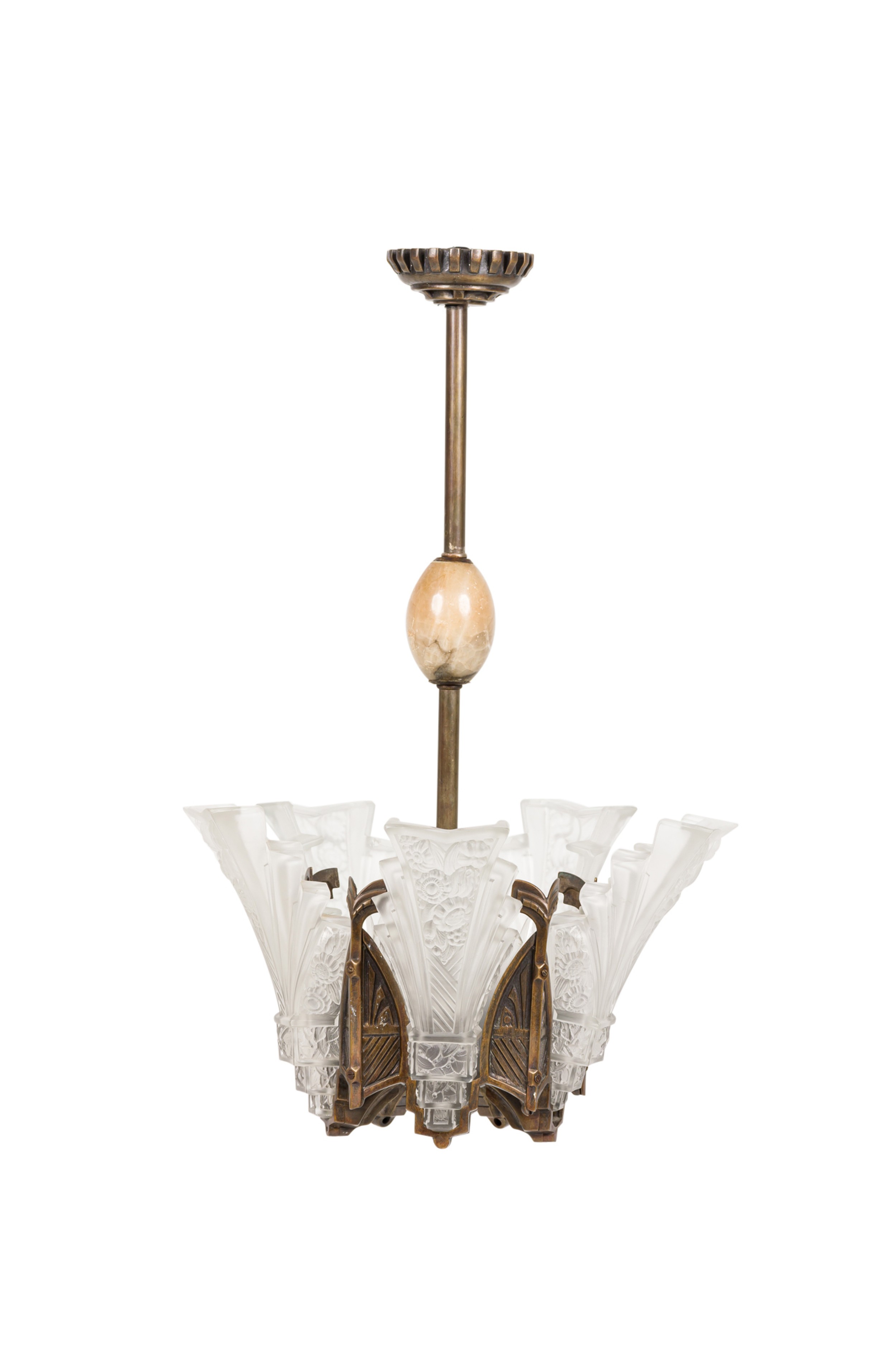 Pair of french art deco frosted glass geometric chandelier 