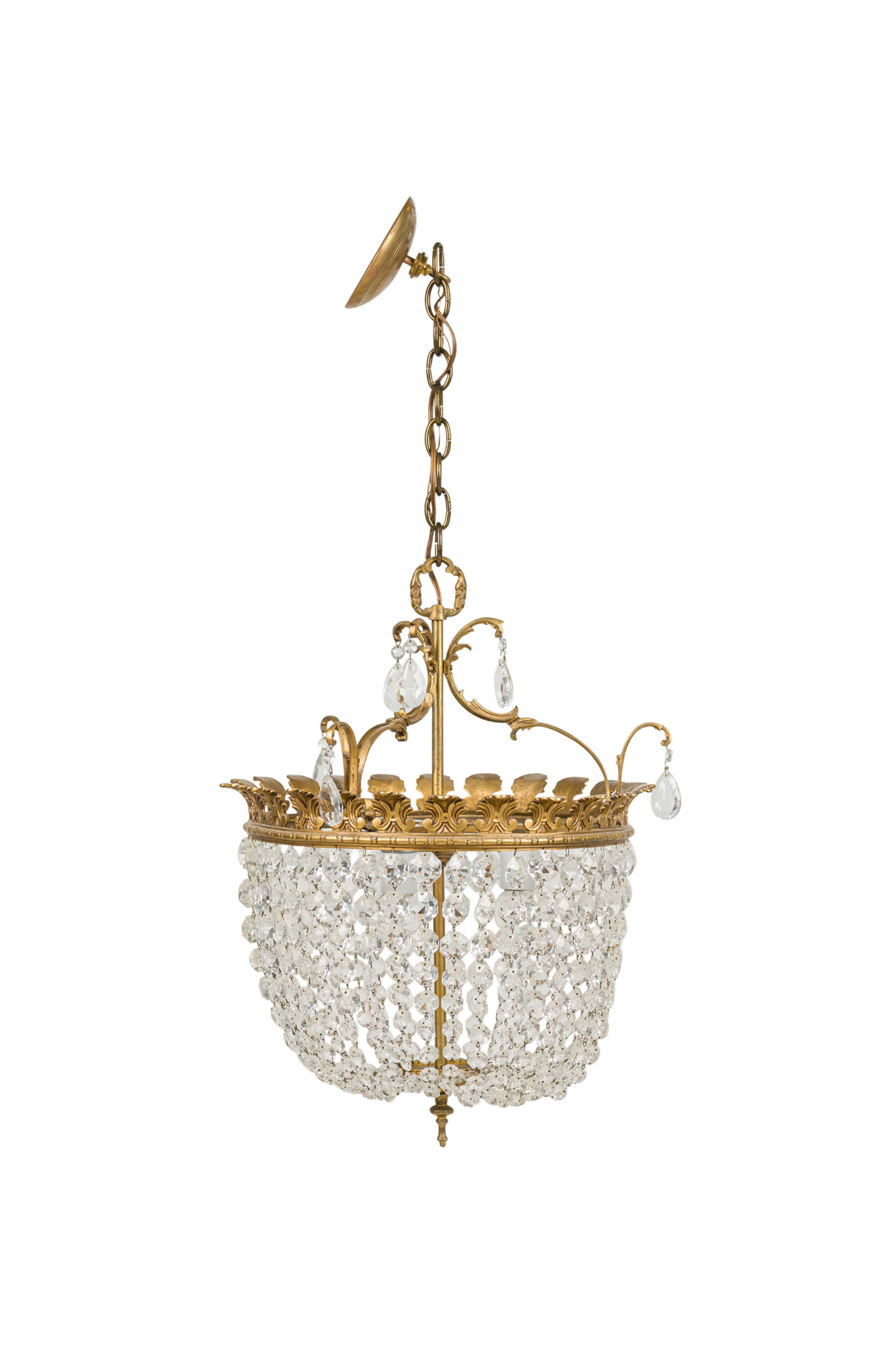 2 French Mid Century chandeliers with a round brass top supporting multiple crystals strands