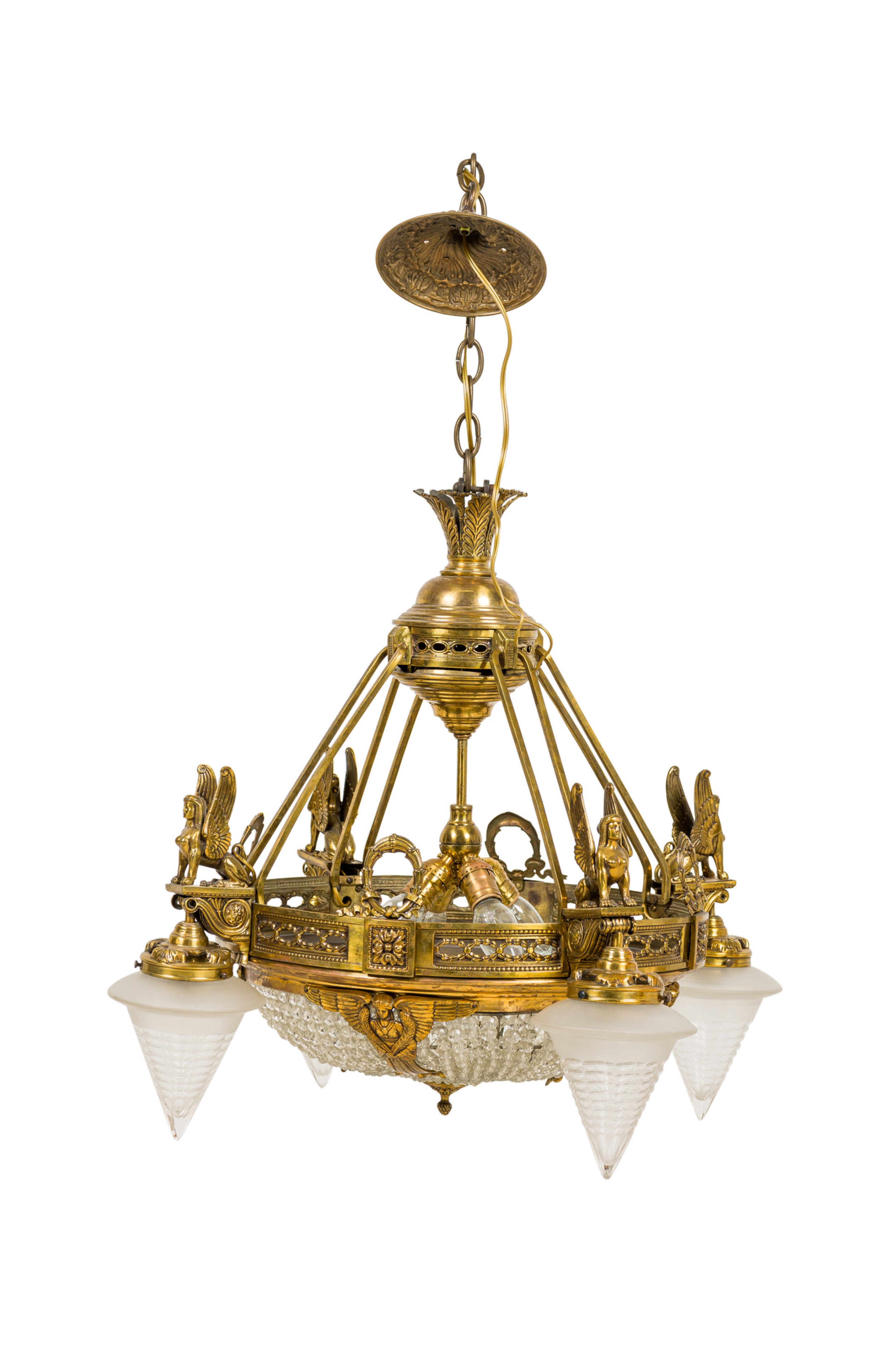 French Art Deco0beaded glass chandelier with 4 cone shaped shades