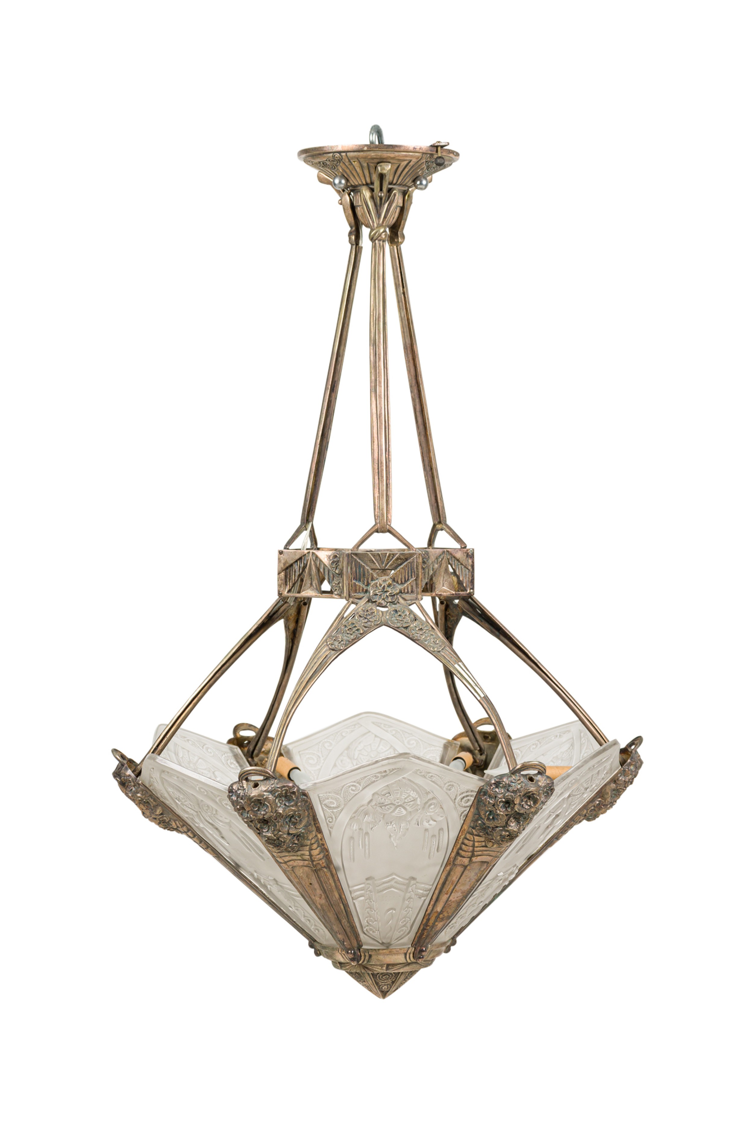 French art deco chandelier with 6 flared frosted geometric design glass panels with a pointed top