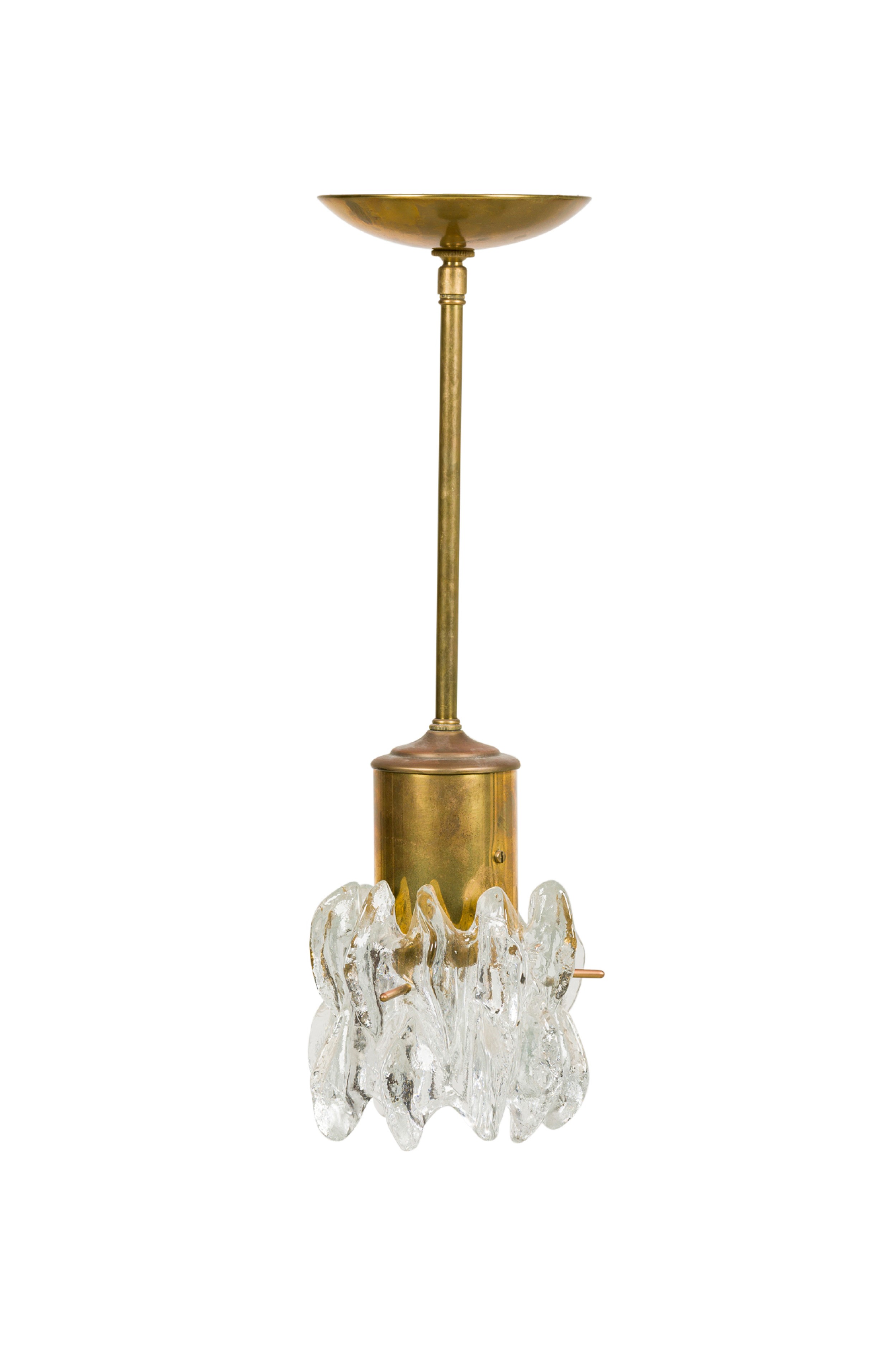 2 mid century chandelier with cylindricaal brass body supporting a clear freeform glass bottom shade