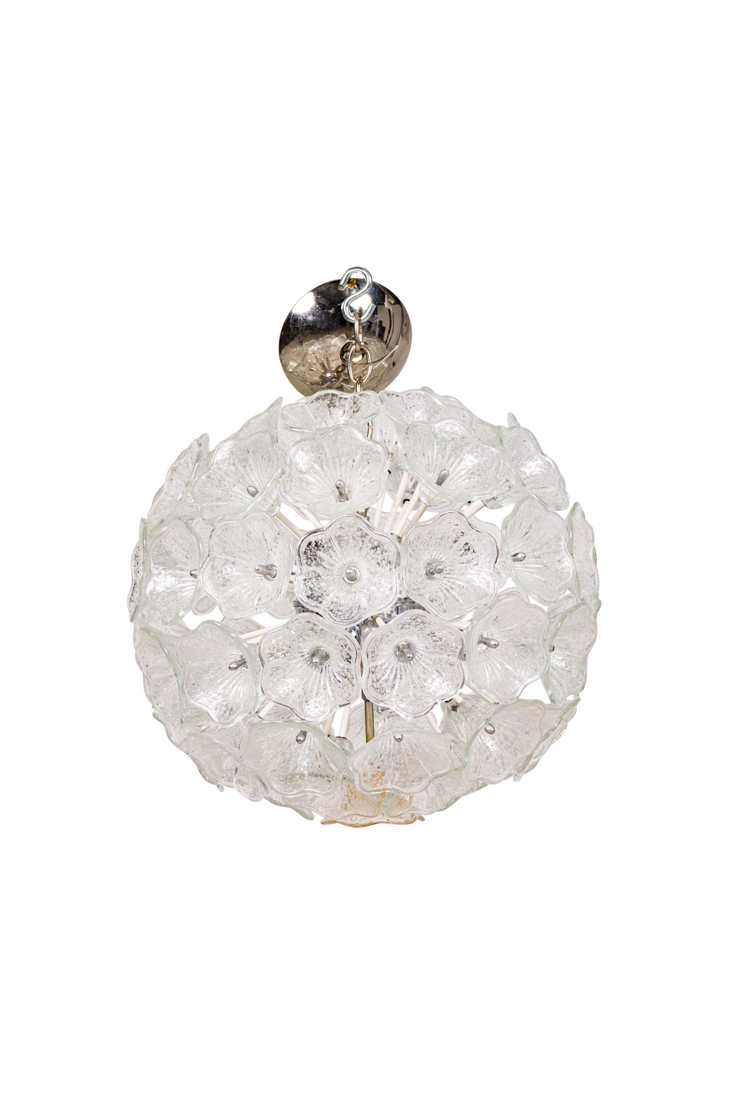 Mid century sphere shaped chandelier surrounded by textured clear glass flowers