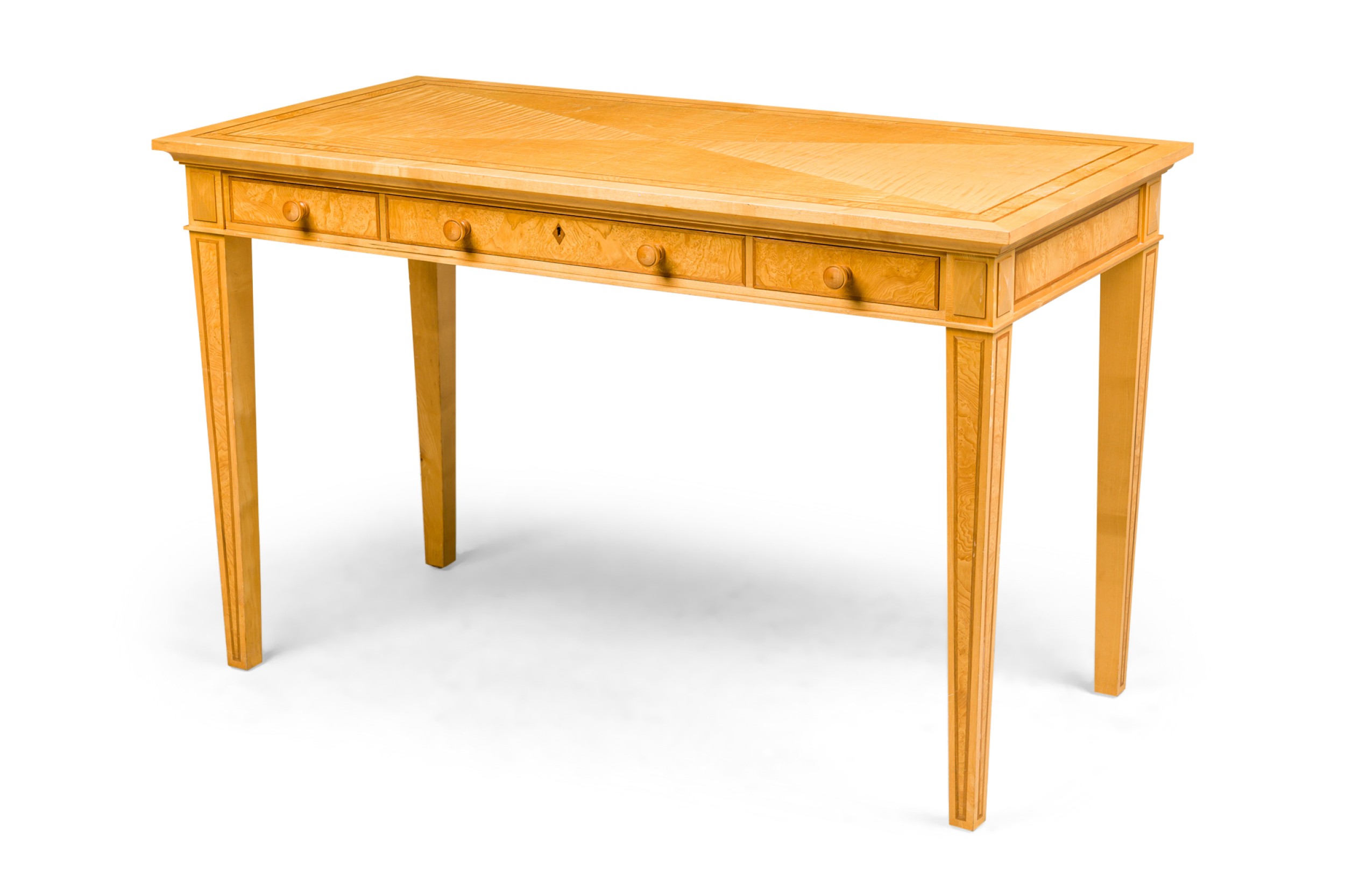 English contemporary cherry maple and burr ash three drawer writing table 
