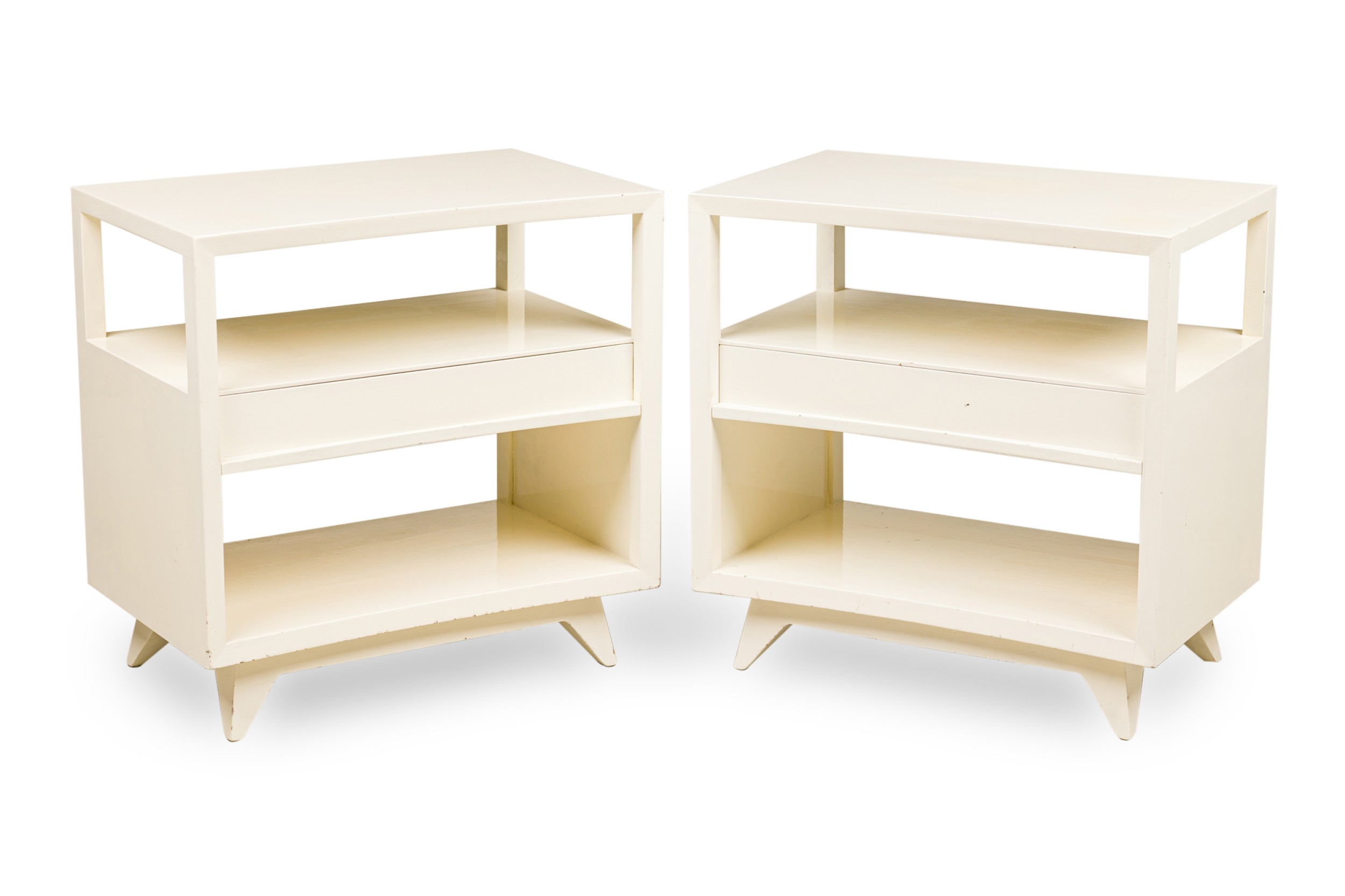 Pair of american contemporary white two tier concave end table 