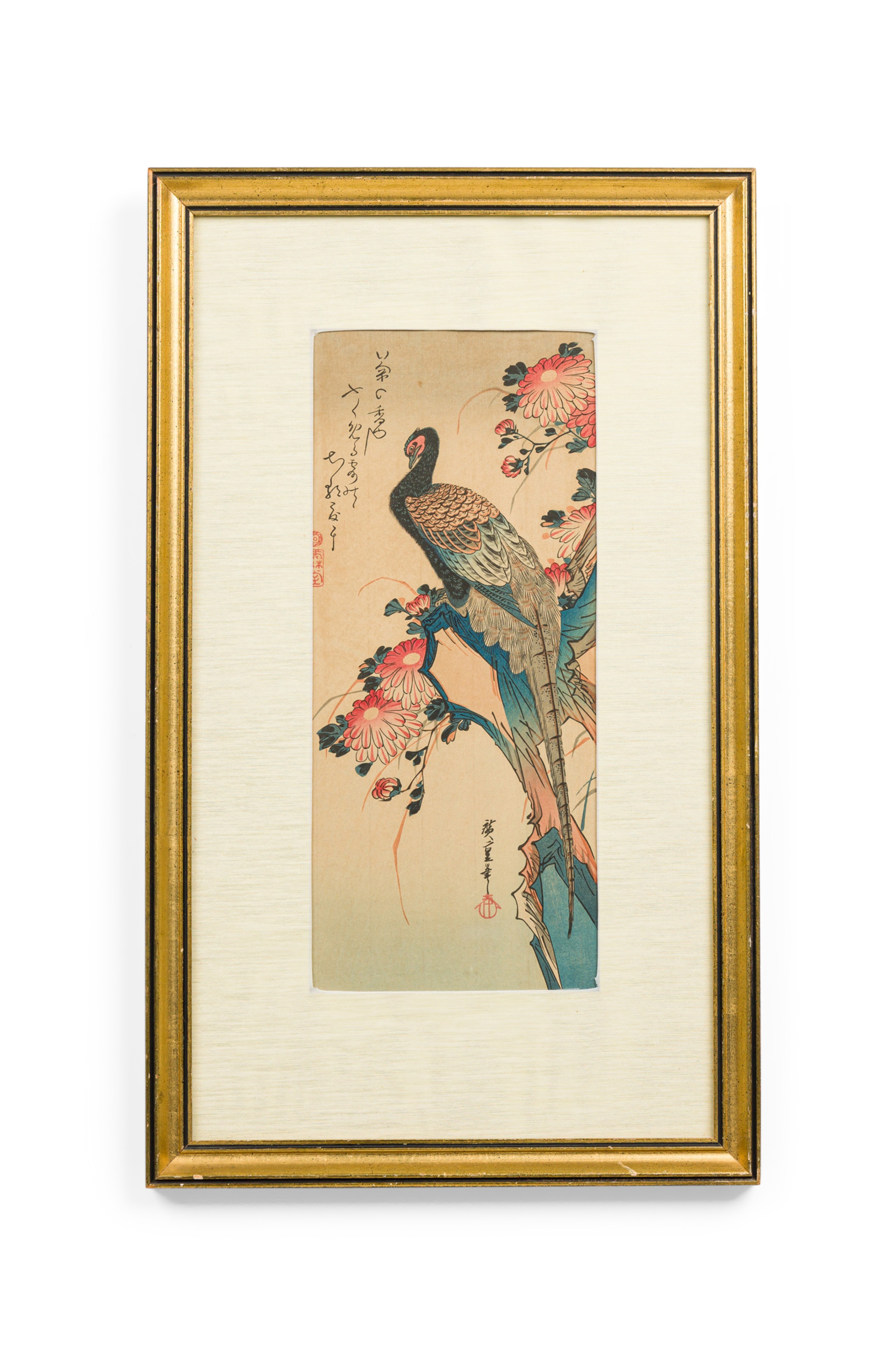 Japanese painting of a peacock on branch 