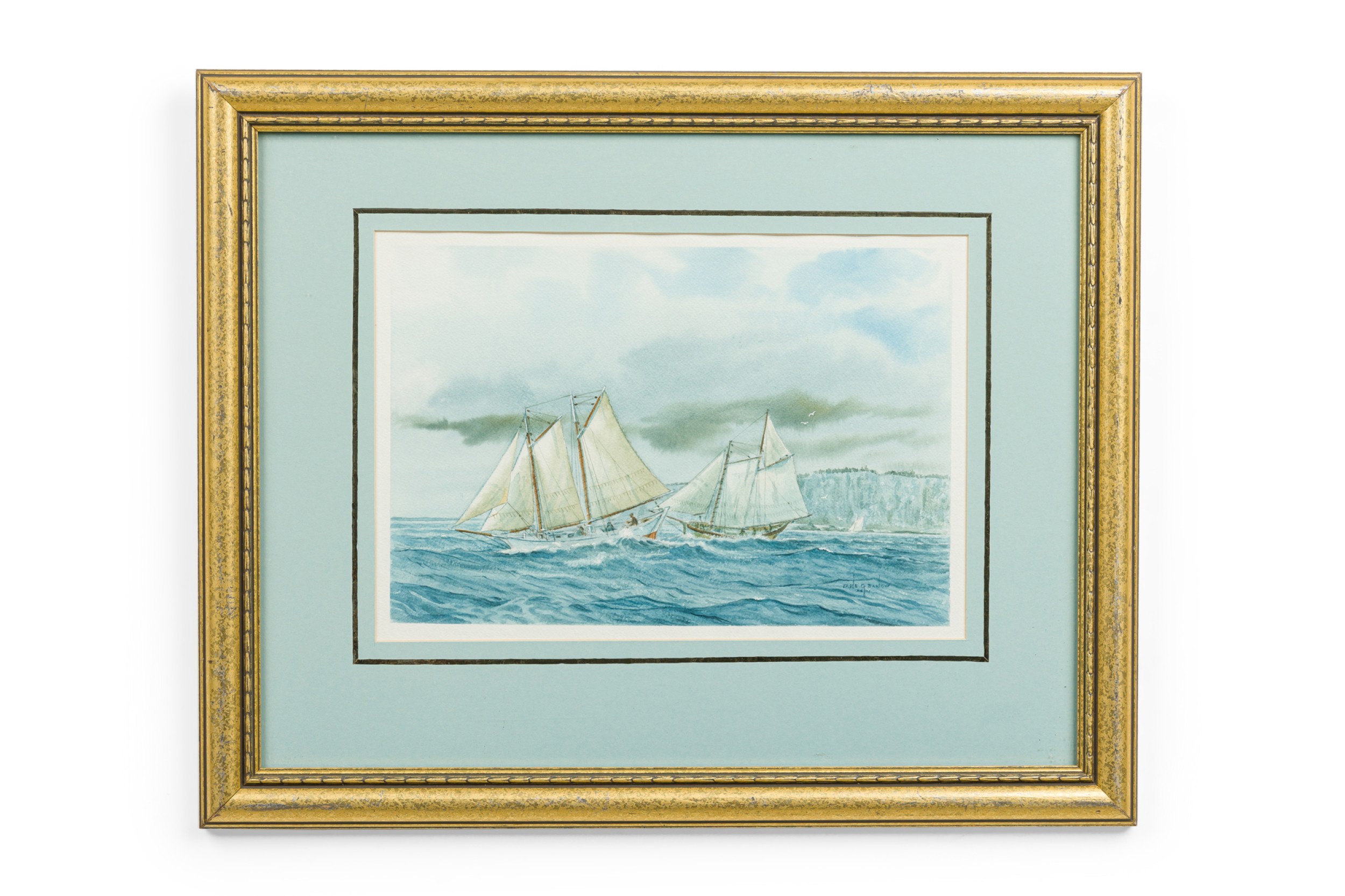 Earle g barlow american mid century seascape painting of two sail boats in the water 