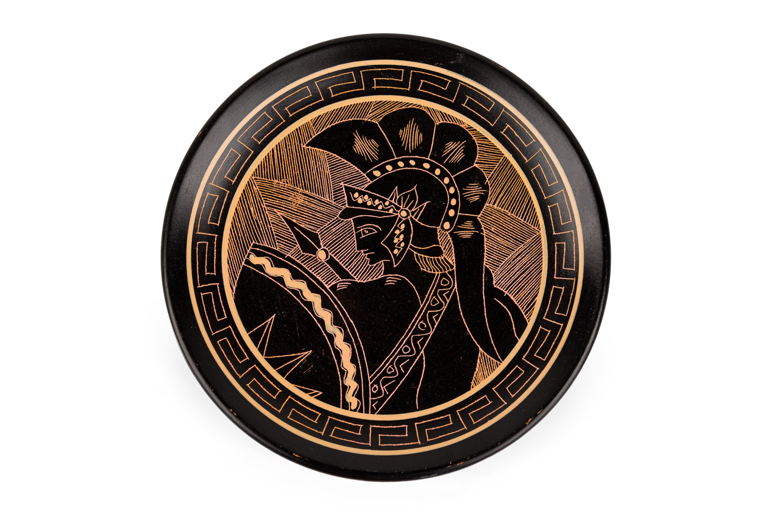 Grecian handmade terracotta plate of a solider 