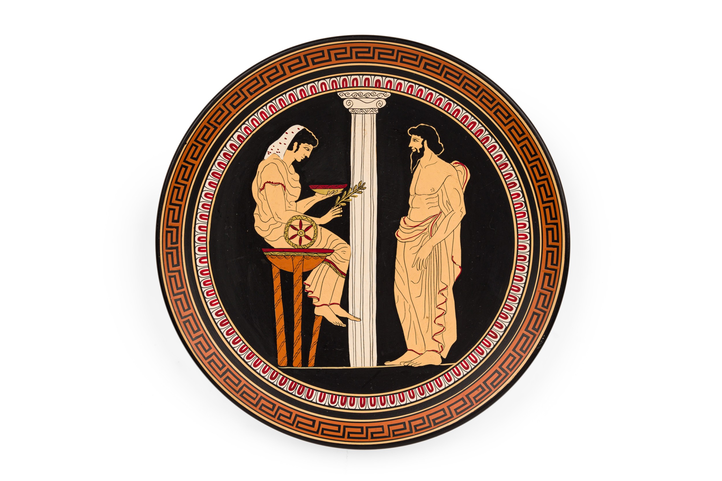 Grecian hand painted plate of pithia and aigeus at delphi 
