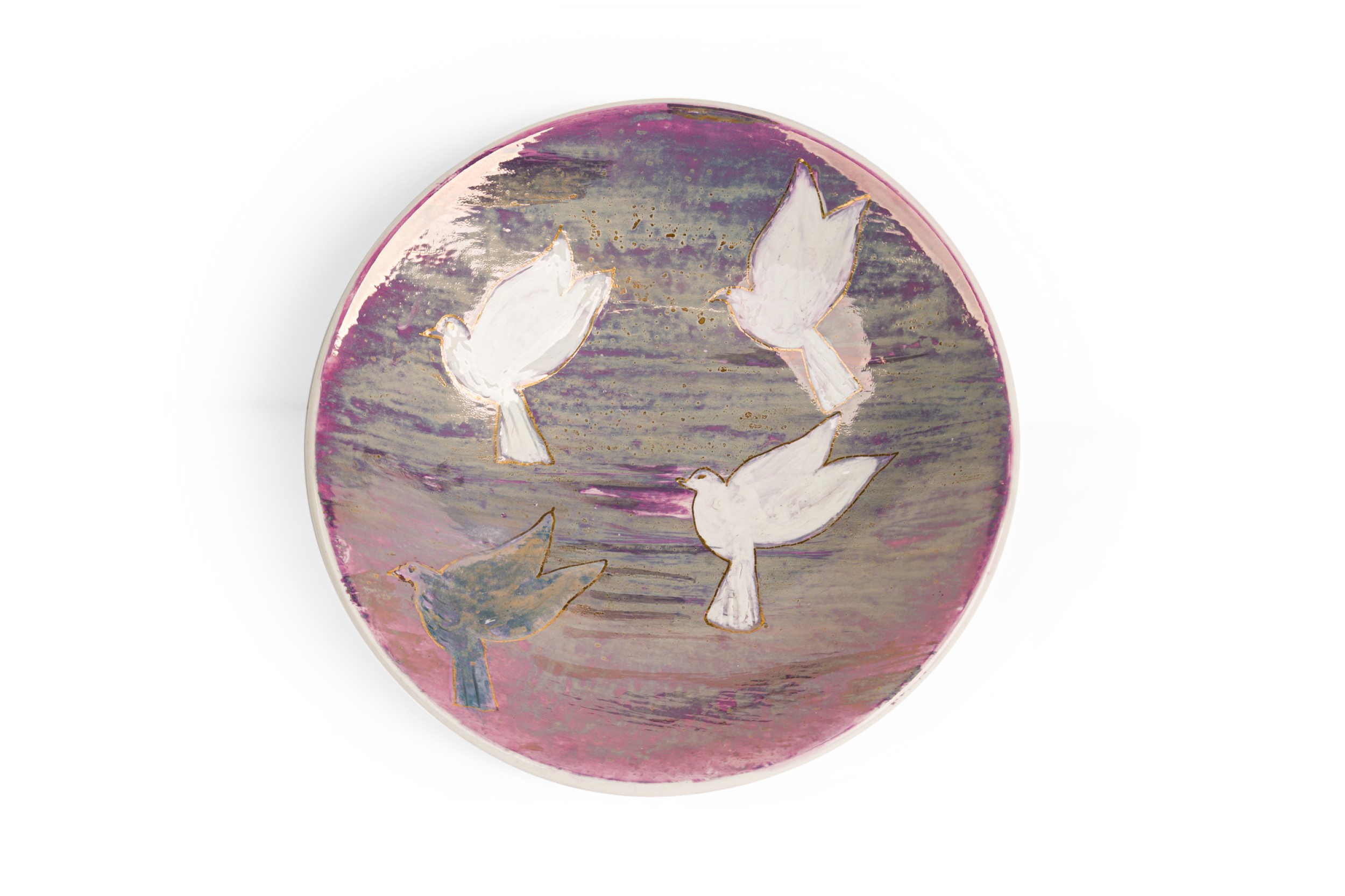 American contemporary hand painted plate of birds in flight 
