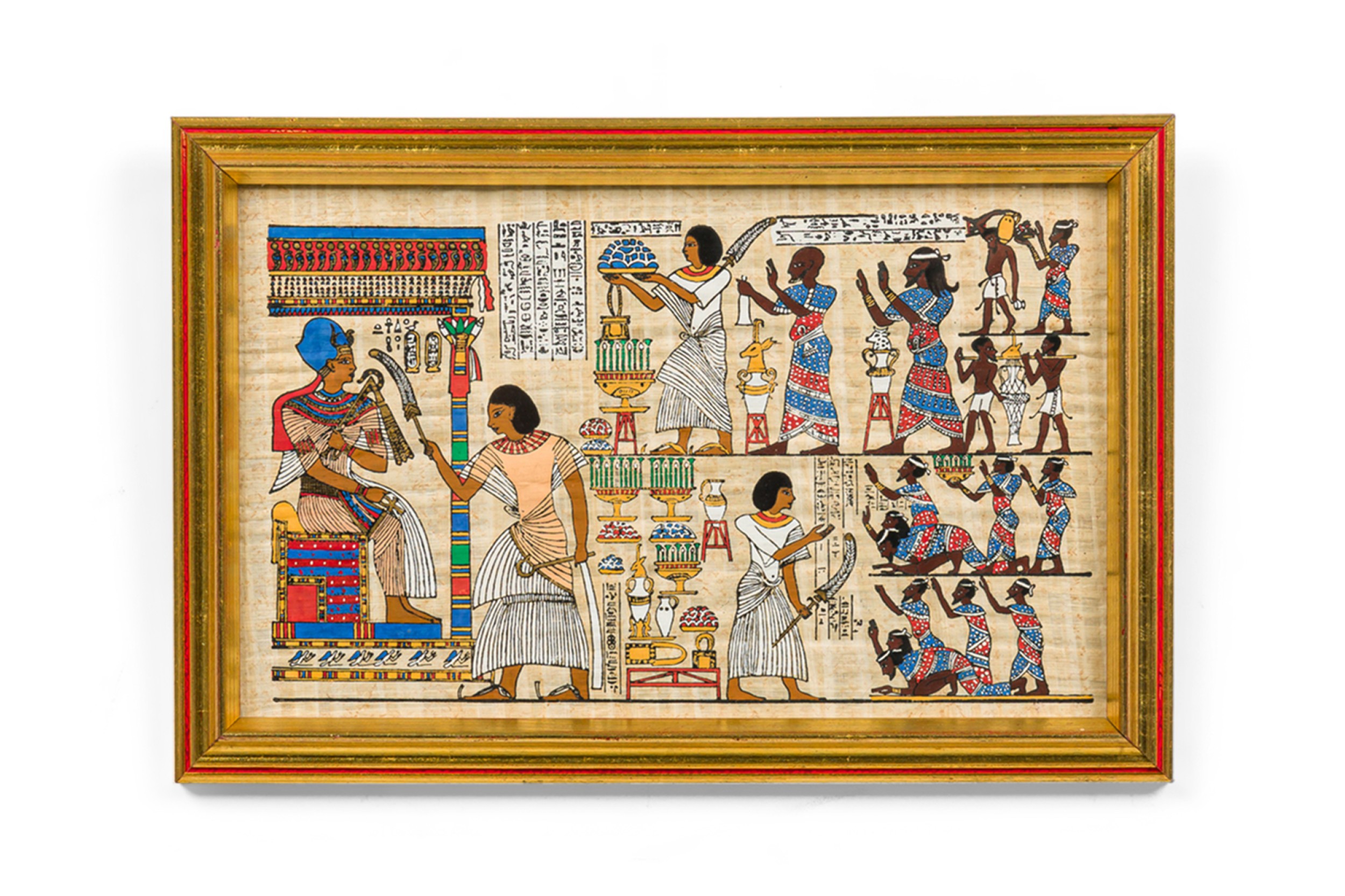 Egyptian framed painting of people serving a pharaoh 