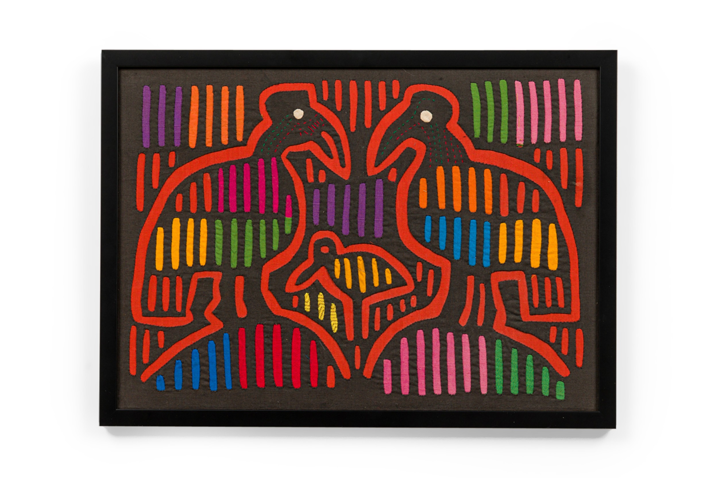 Panamanian mid century framed patchwork of colorful waterbirds 