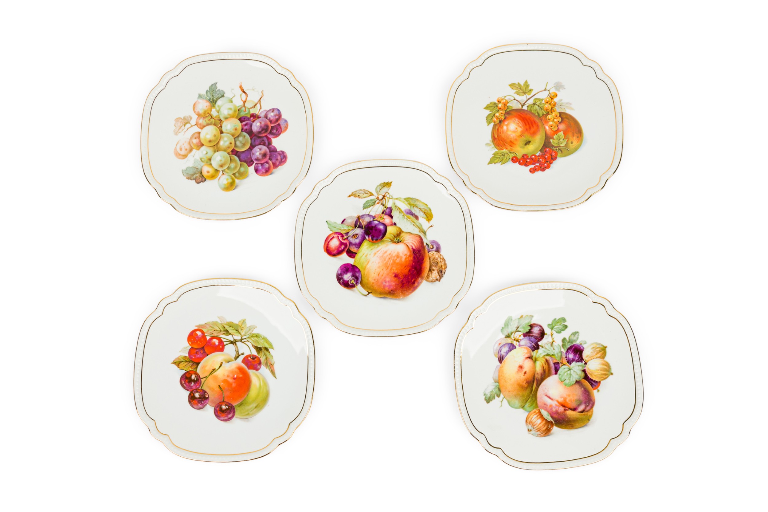 Set of 5 mid century czech hand painted china fruit plates 
