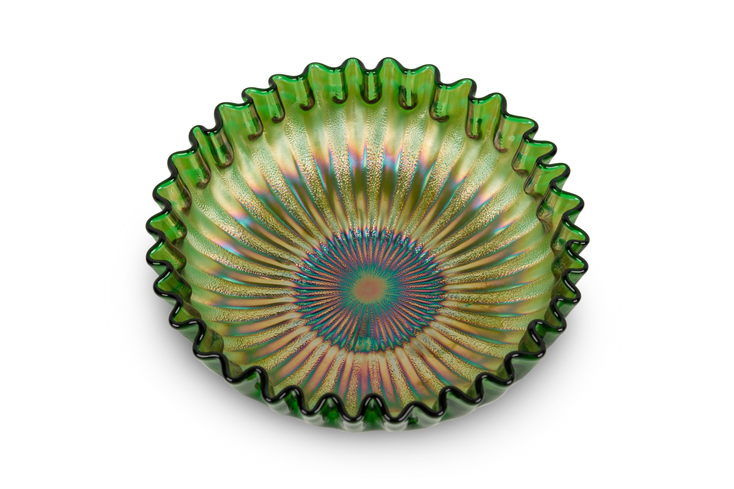 American mid century carnival glass green bowl with green/purple iridescent crimped rim 