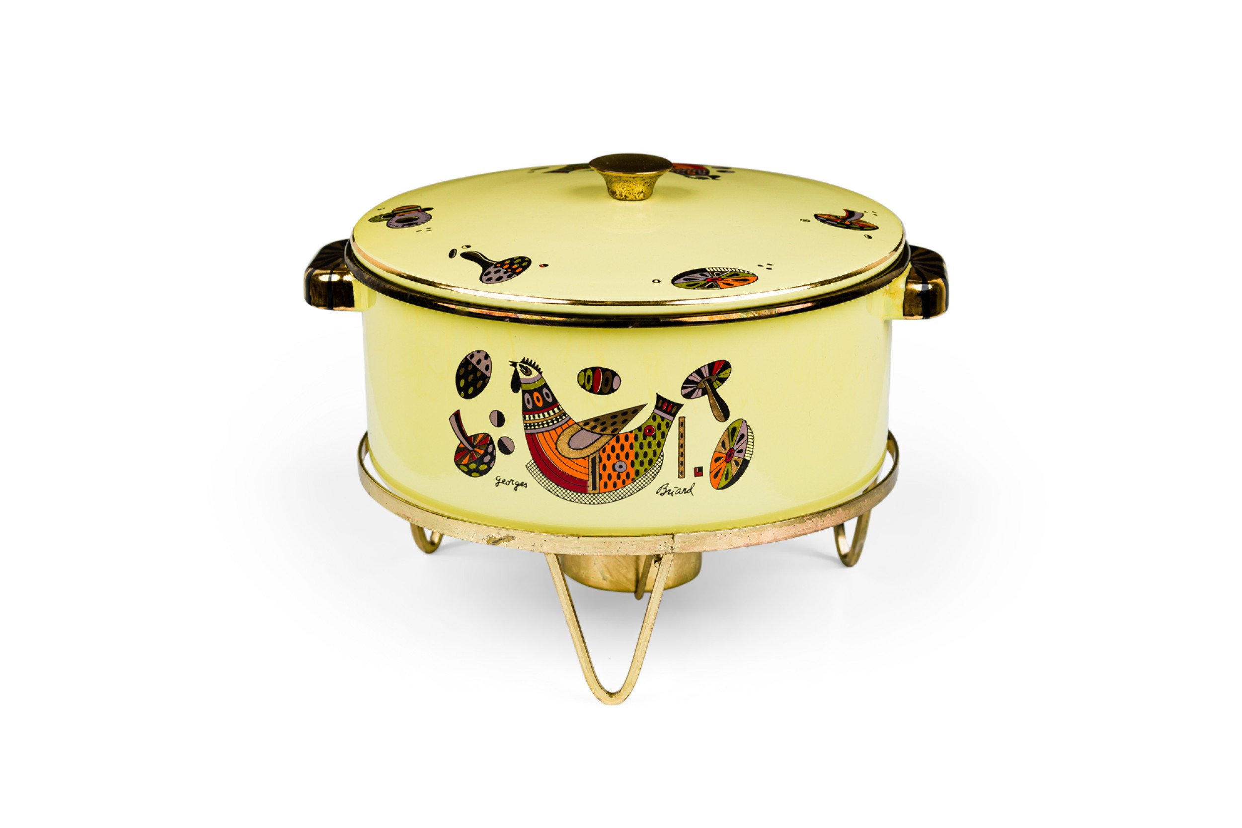 American mid century enamel cast iron pot with brass burner 