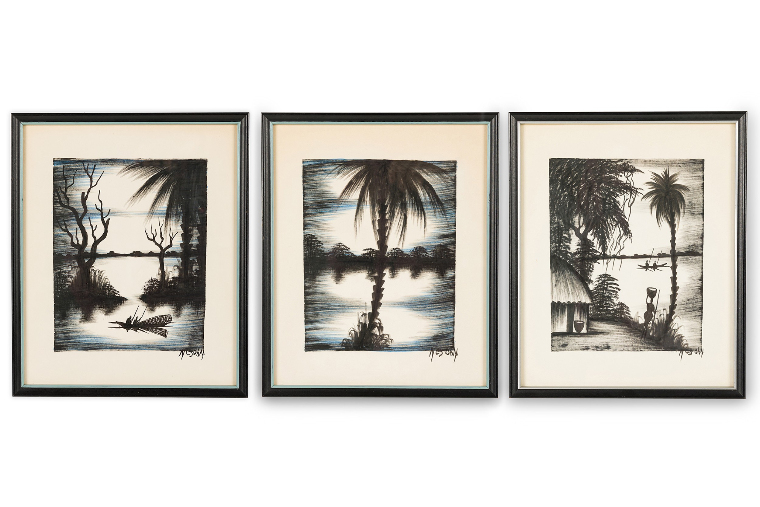 Set of 3 contemporary asian framed ink drawings of a fishing village scene