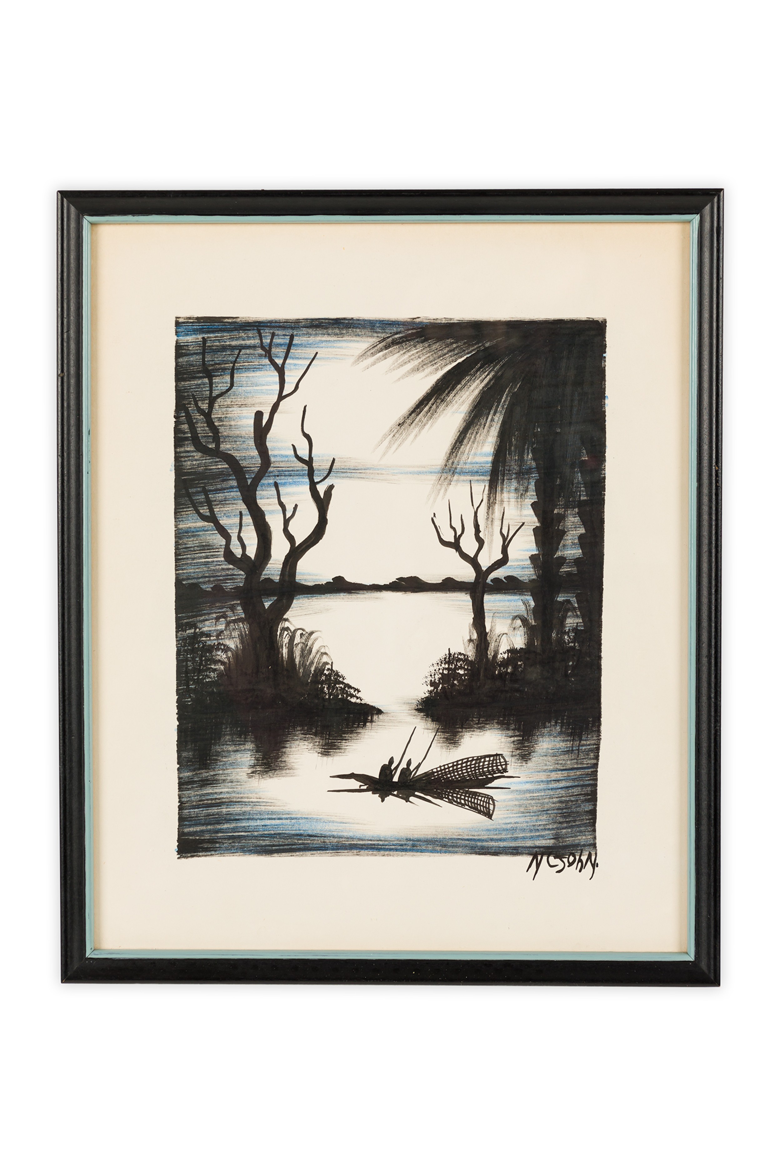 Vintage asian framed ink drawing of a fishing village scene 1