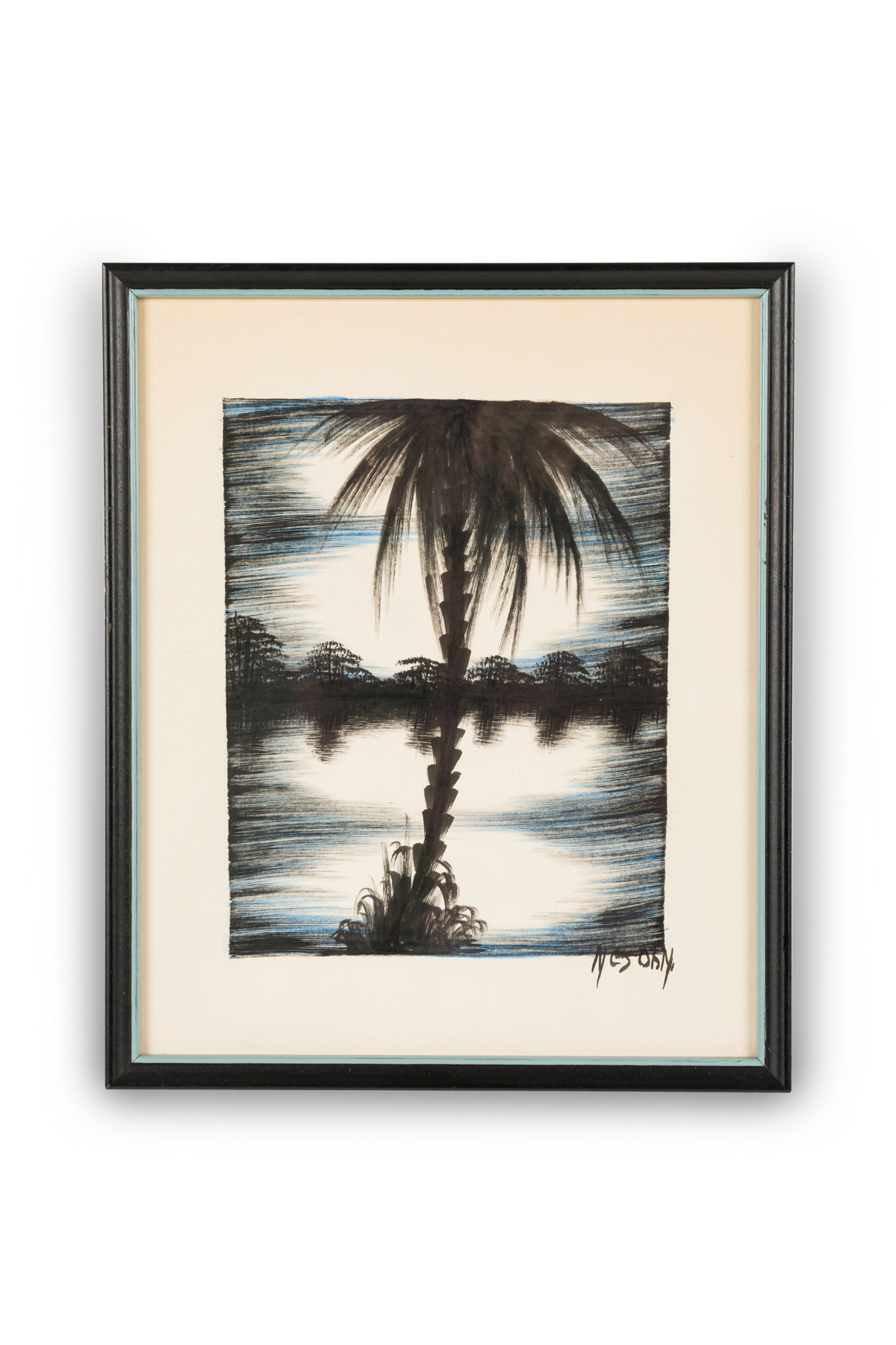 Vintage asian framed ink drawing of a fishing village scene 2