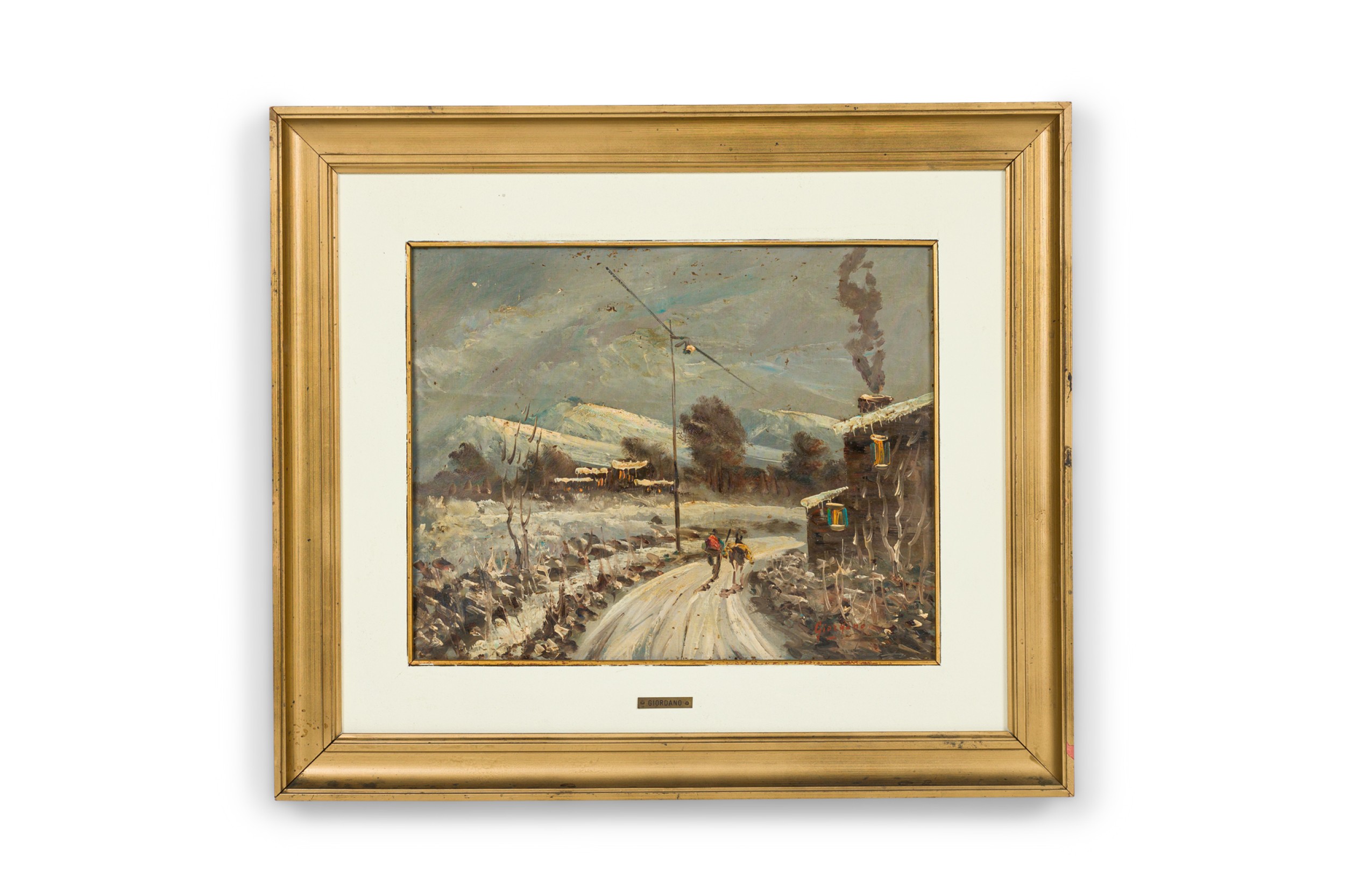 English victorian landscape painting of two people walking on a snowy road 