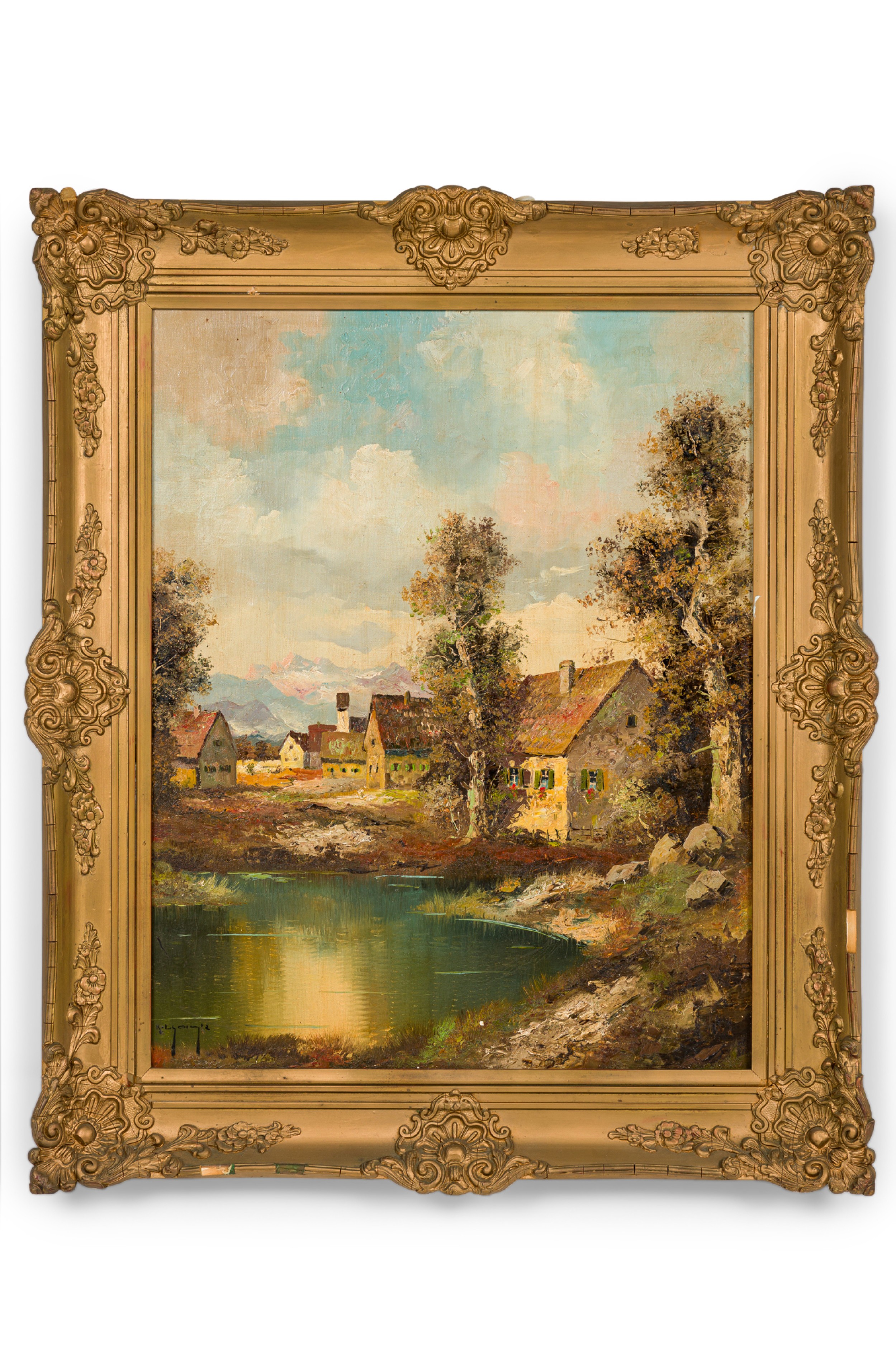 French victorian landscape painting of homes near a pond 
