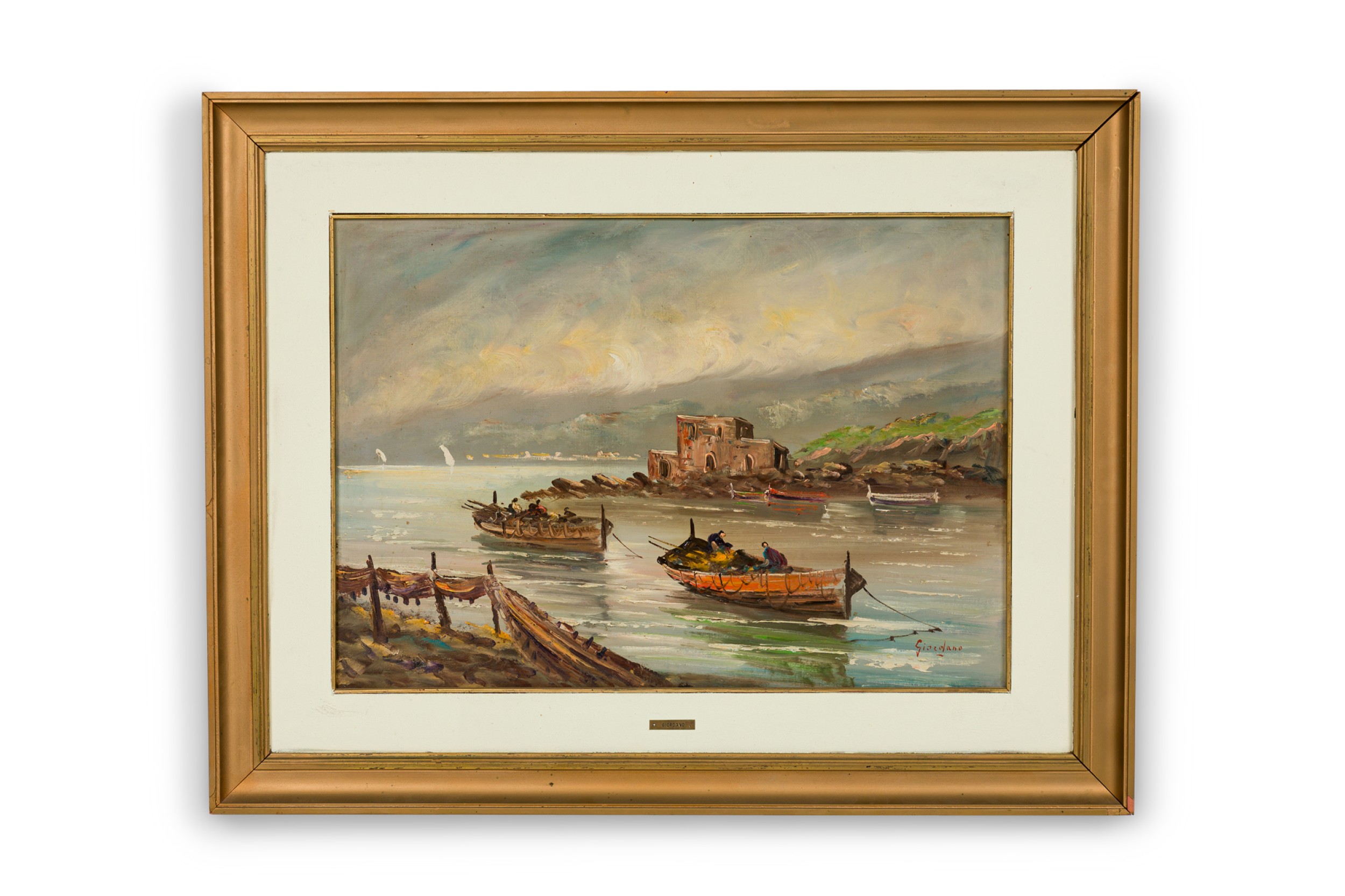 American victorian seascape painting of two row boats in a lake 