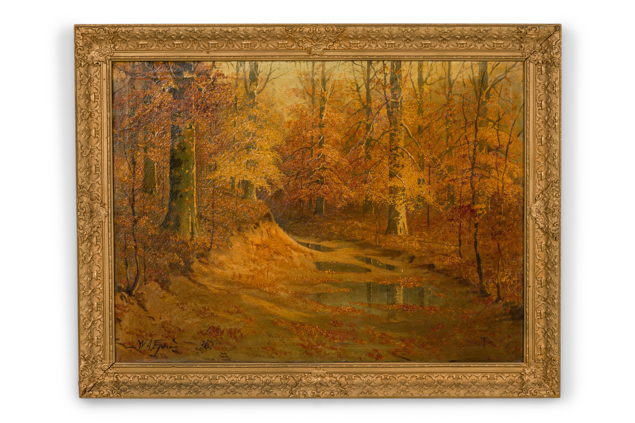 American victorian landscape painting of trees near a reservoir 