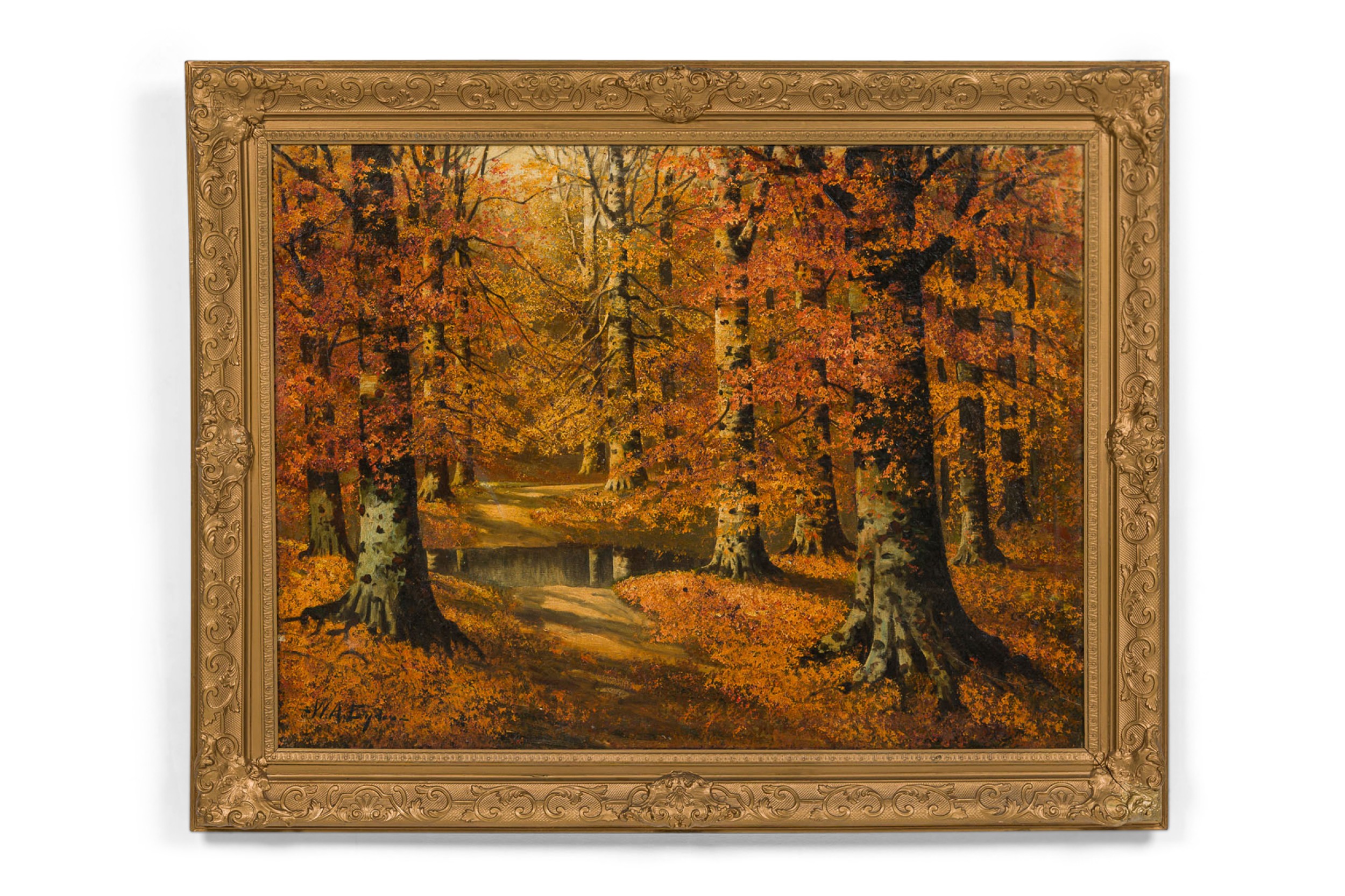 American victorian landscape painting of autumn trees near a lake 