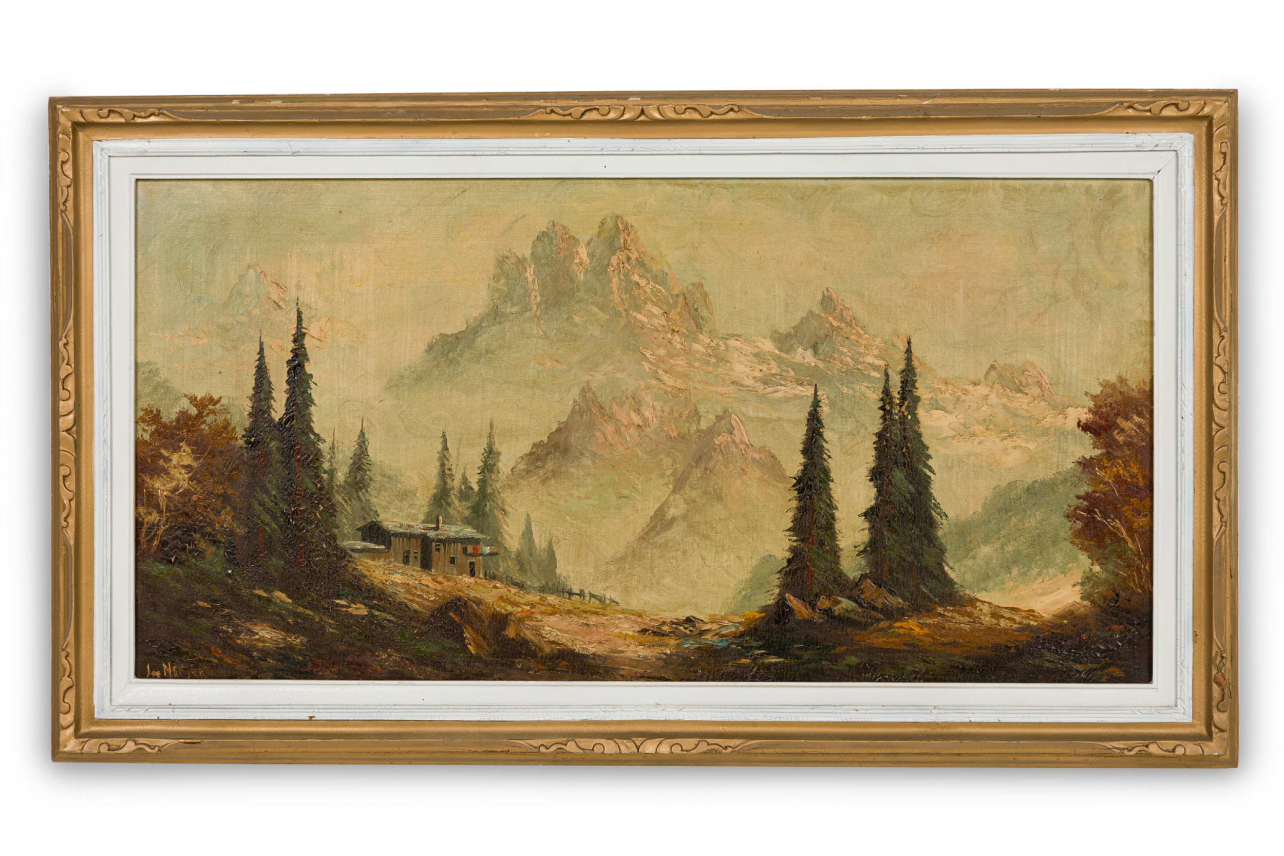 American victorian landscape painting of a house up in the mountains 