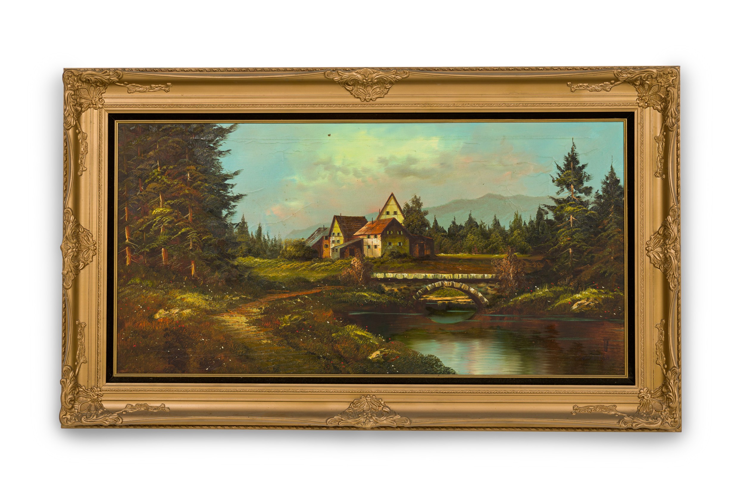 American victorian landscape painting of 4 houses near a river