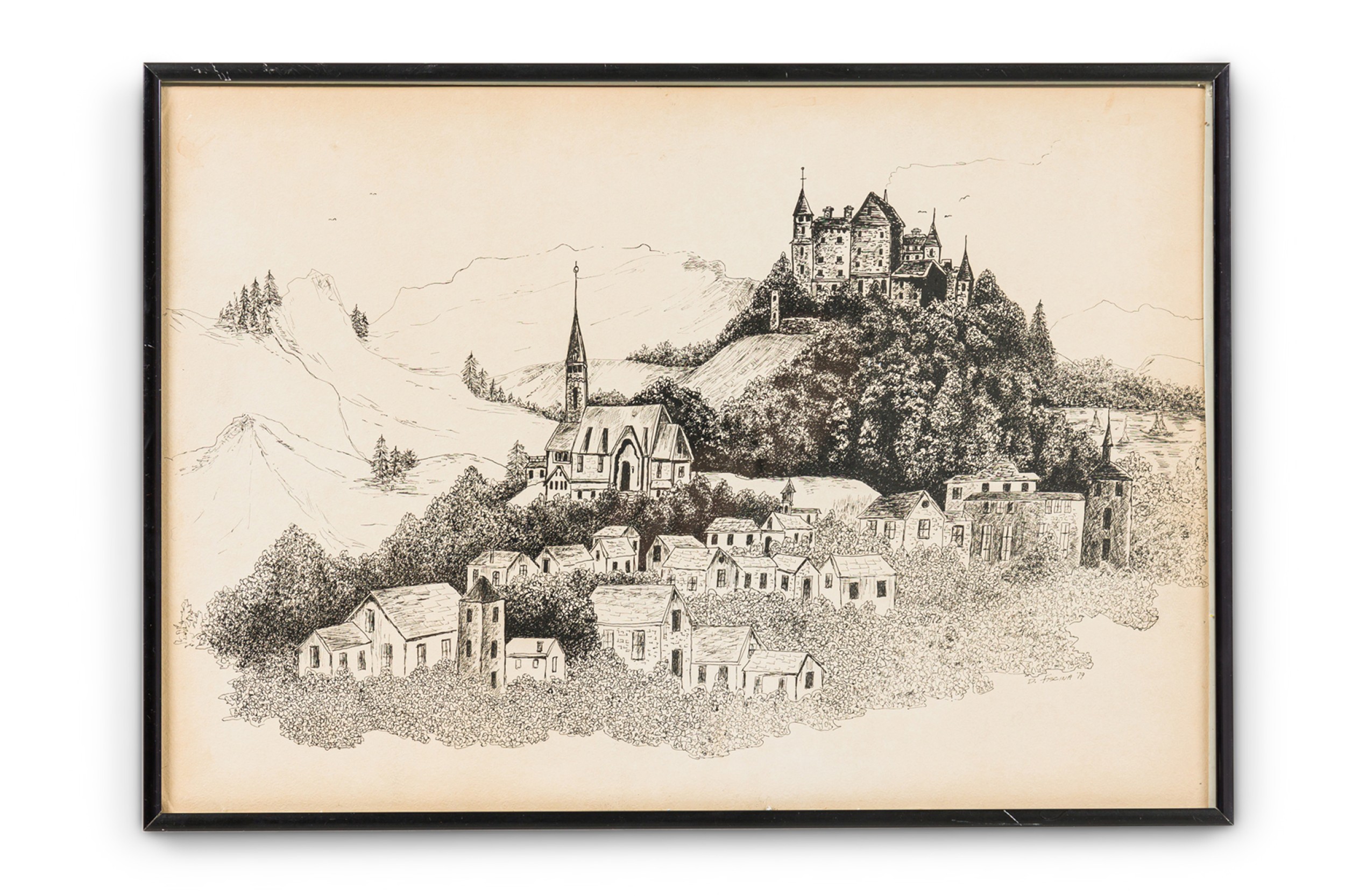 Italian mid century genre scene sketch of houses sitting on multpile hills 