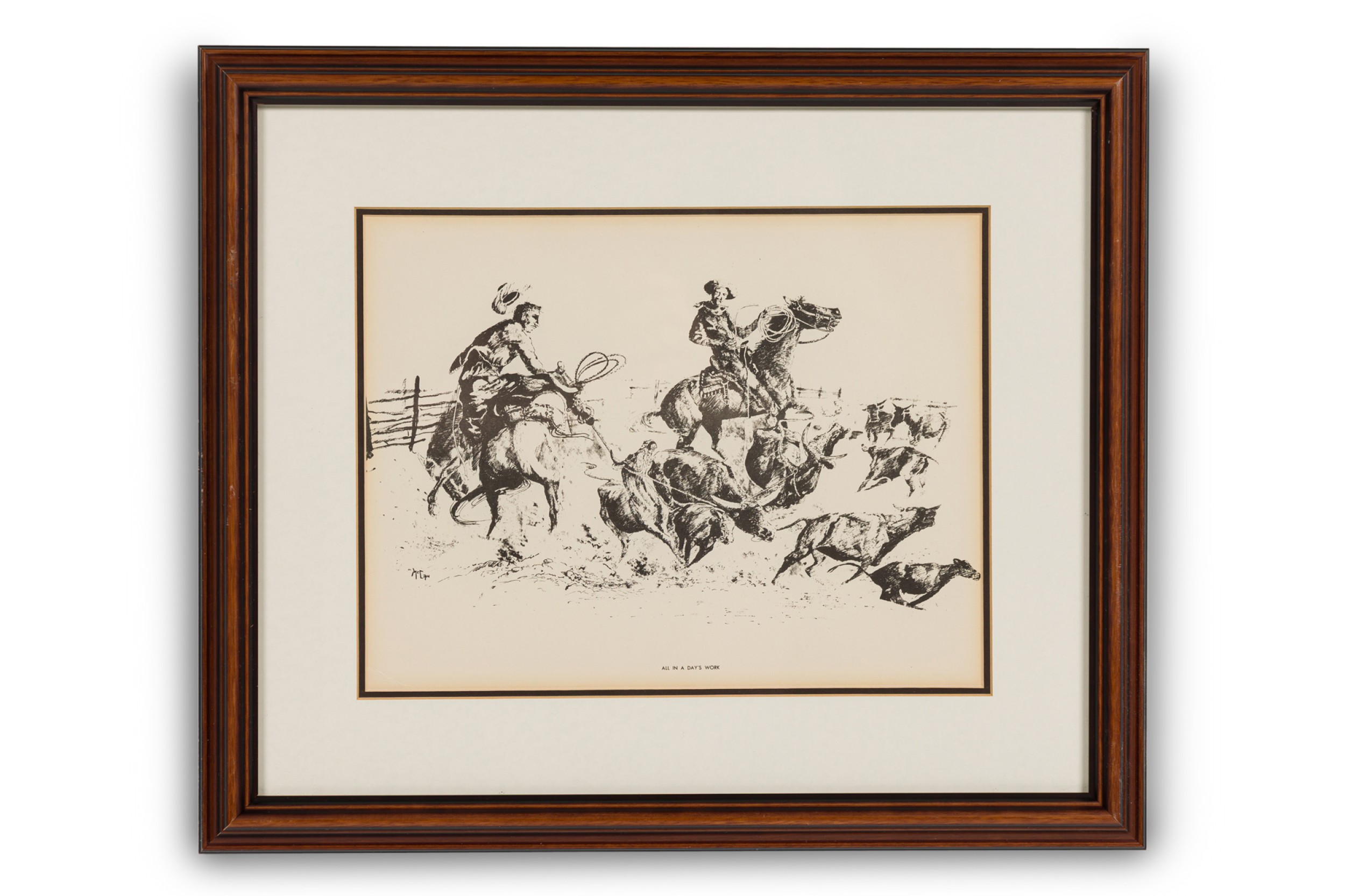 American country framed print of western cowboys wrangling cattle titled all in a days work a