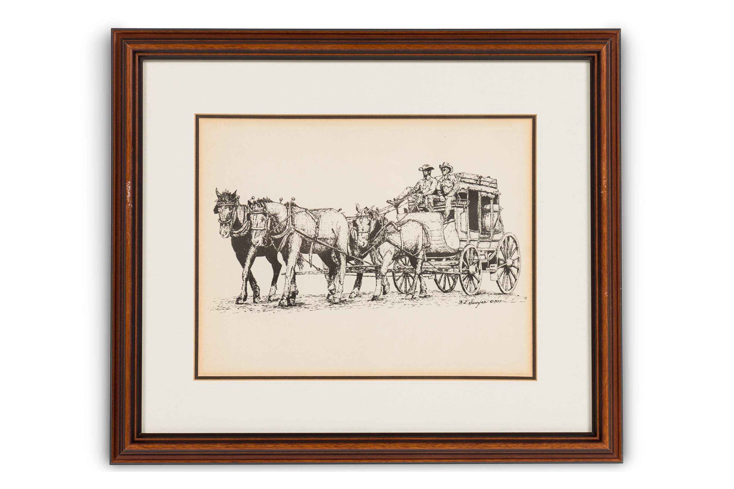 American country framed print of two cowboys on a stagecoach with four horses 