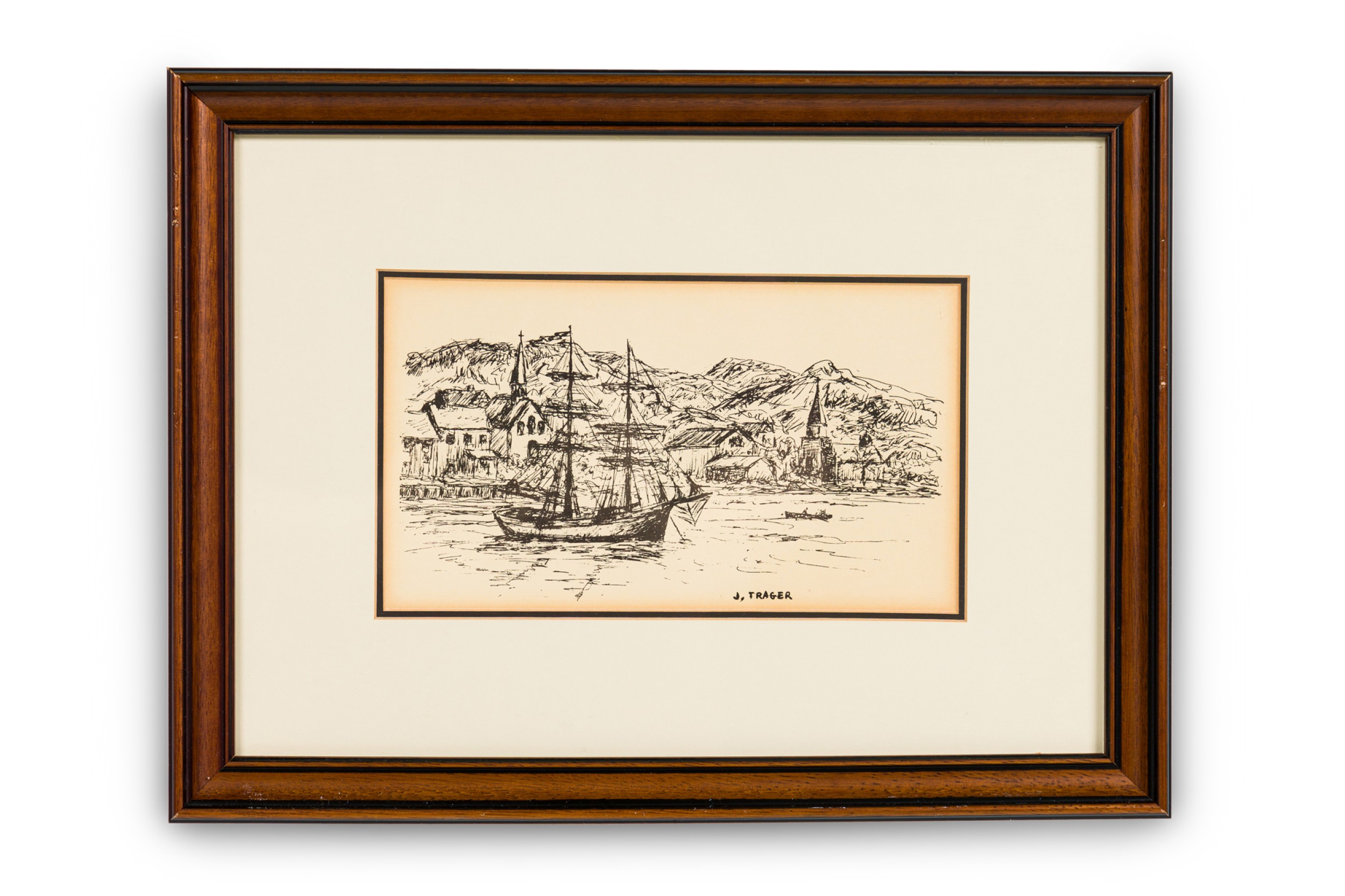 American country seascape sketch of a port town and a sail boat 