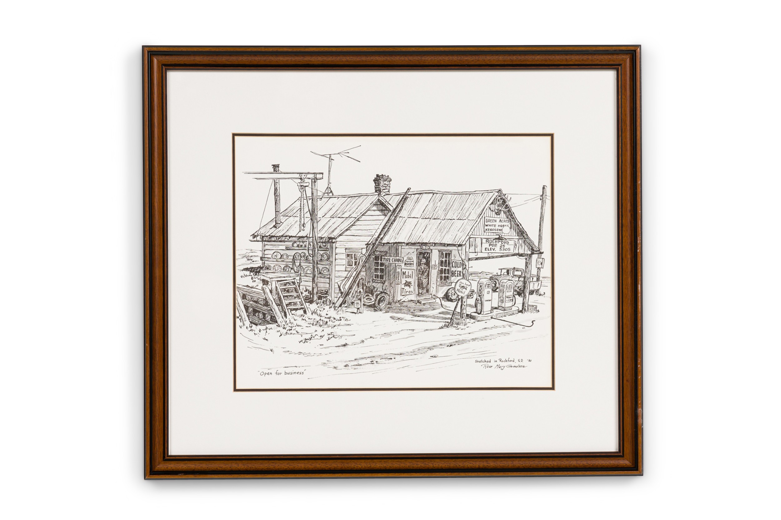 American mid century sketched genre scene of a gas station store front 