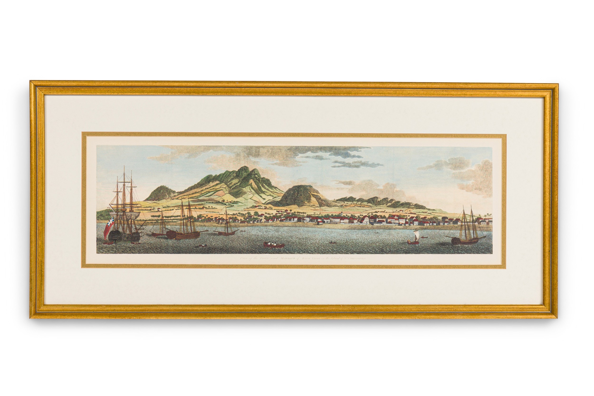 English victorian seascape print of a habor city and a sailboat with a 
