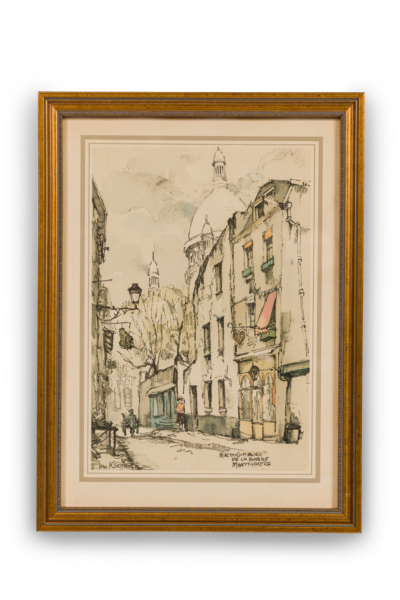 Dutch mid century framed genre scene print of a parisian street rue du chevalier de la barre montmartre 